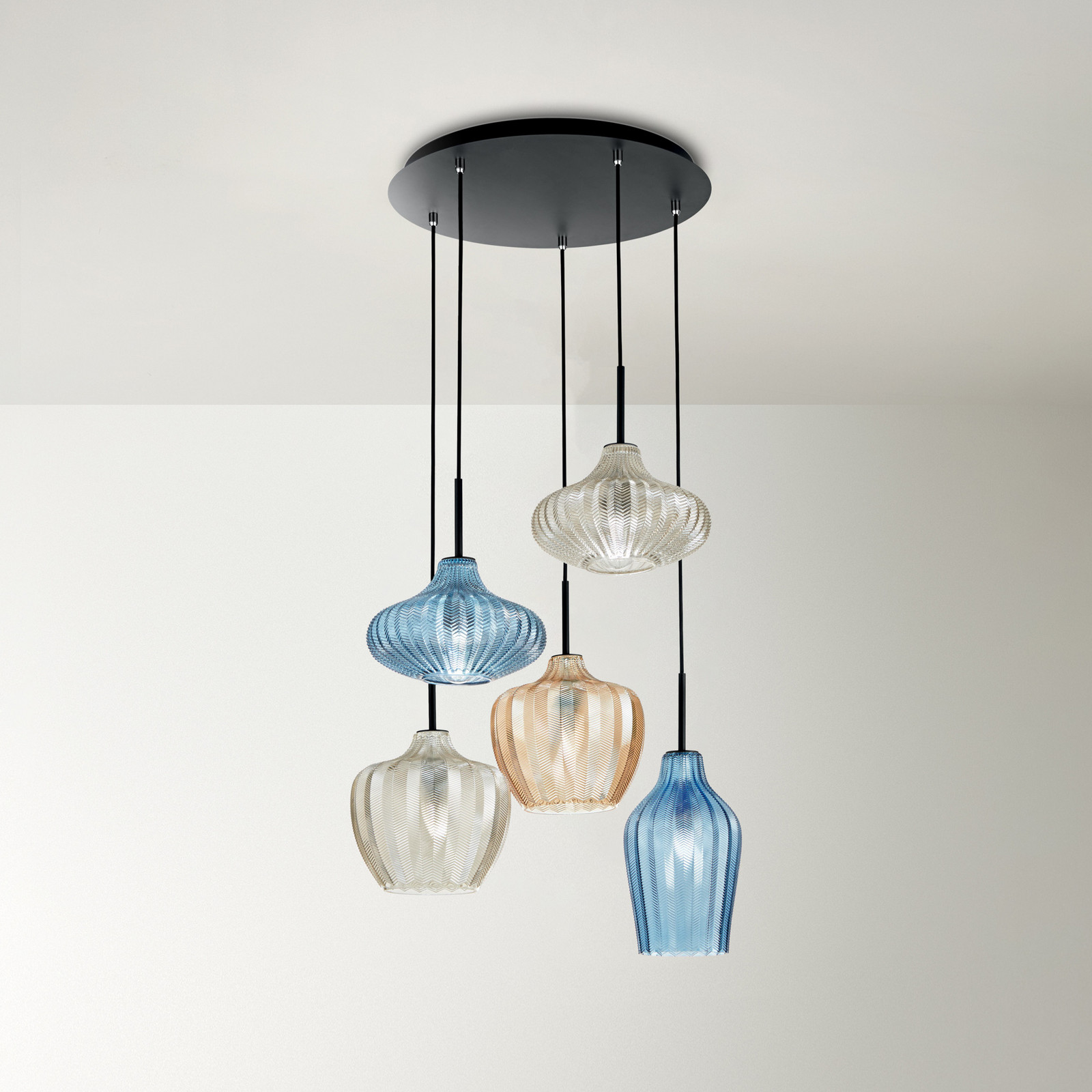 Fabas Luce Lampă suspendată Olbia Ø 50 cm 5 lumini chihlimbar/albastru/bej sticlă - Camera de zi / sufragerie - modern - chihlimbar albastru azur bej negru