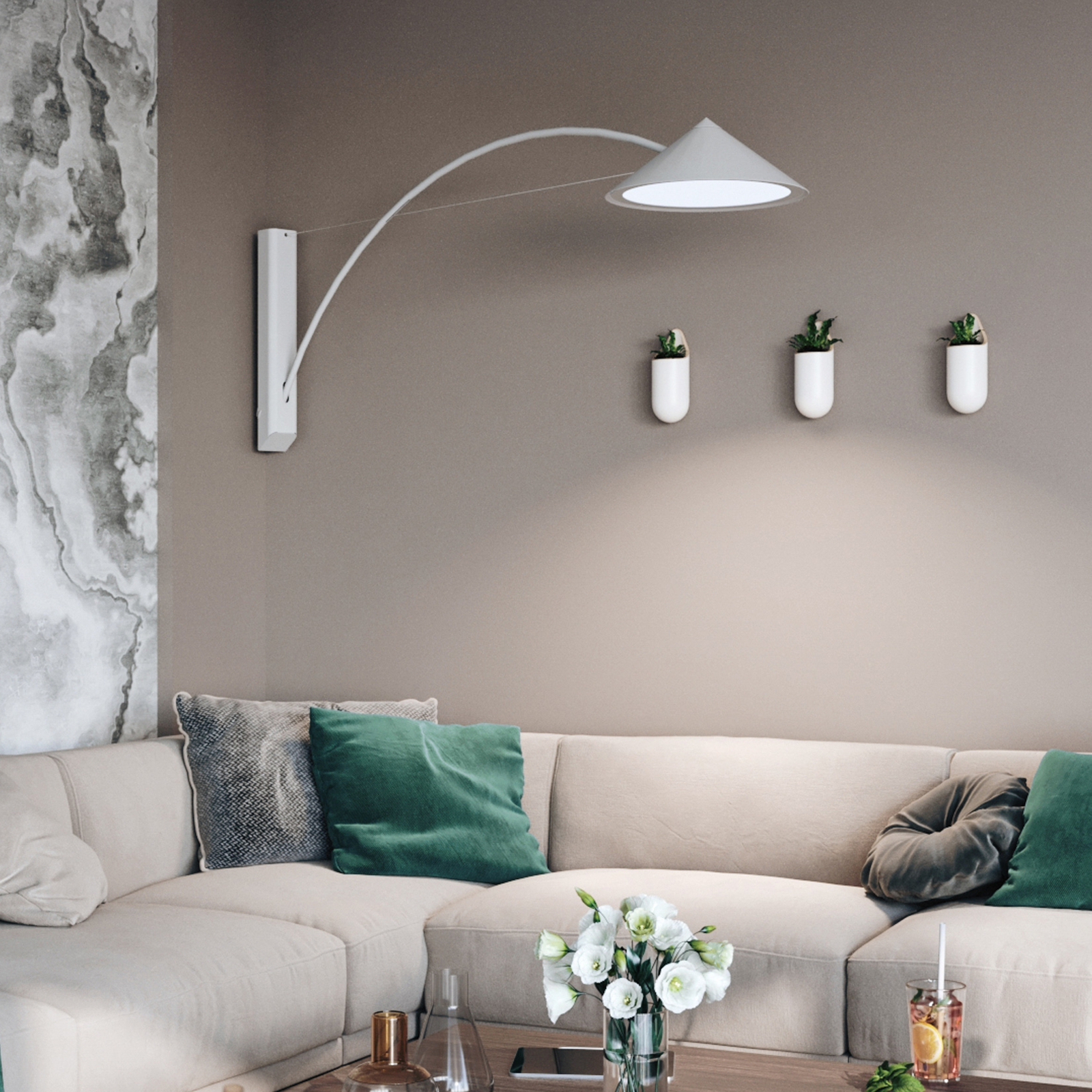 Prandina Flyer W5 LED wall light, white, 3,000 K