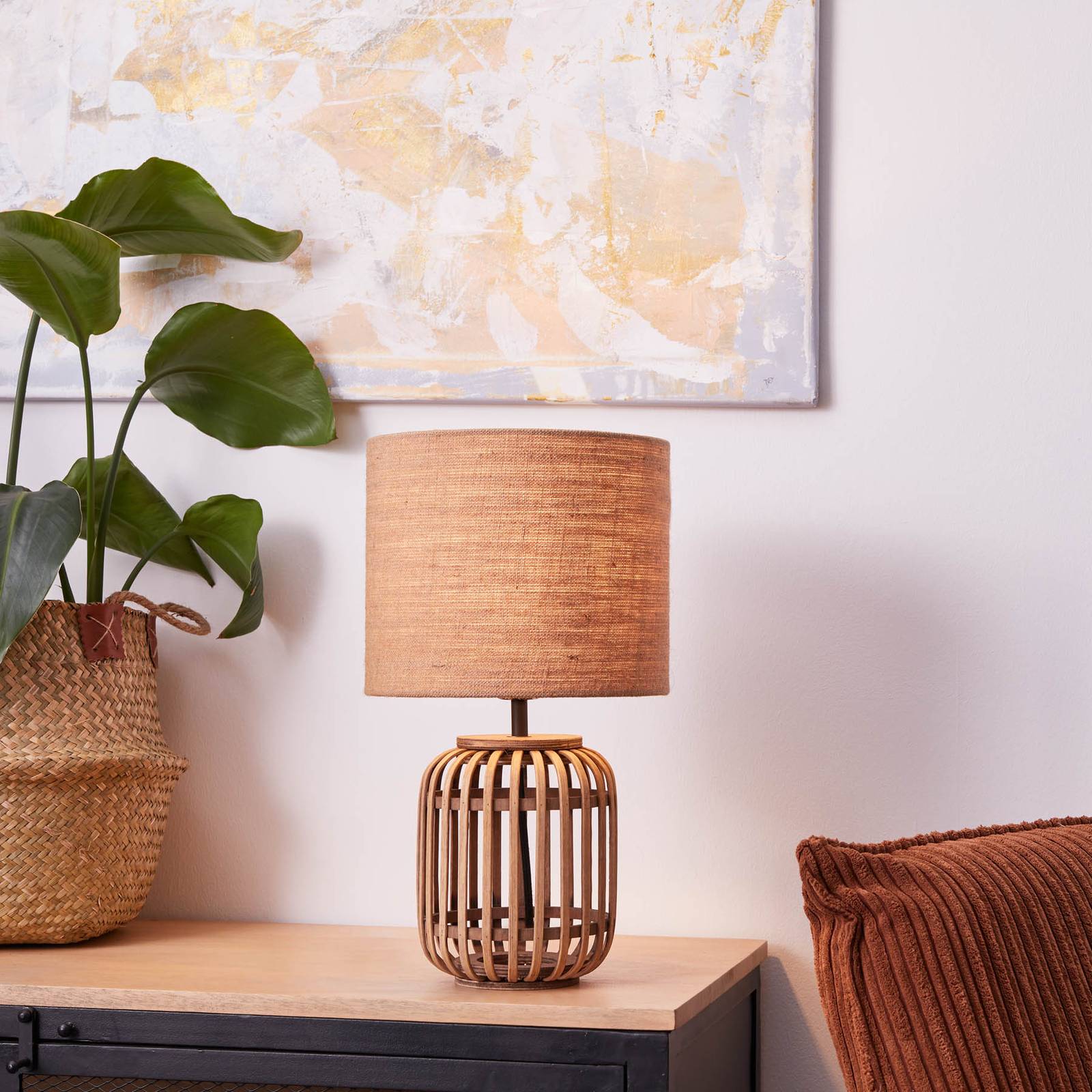 Image of Brilliant Lampe à poser Woodrow en bambou abat-jour en tissu 