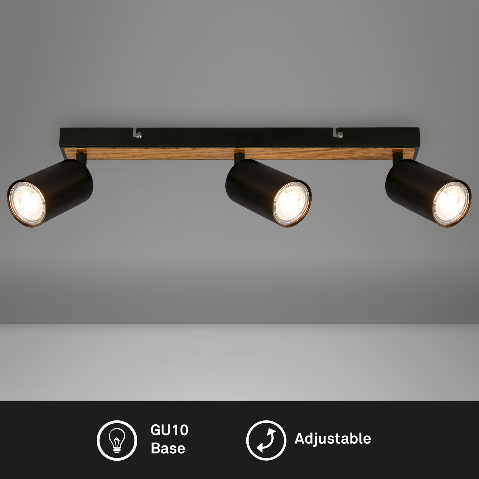 Tib downlight, black/wood, 3-bulb, adjustable, metal