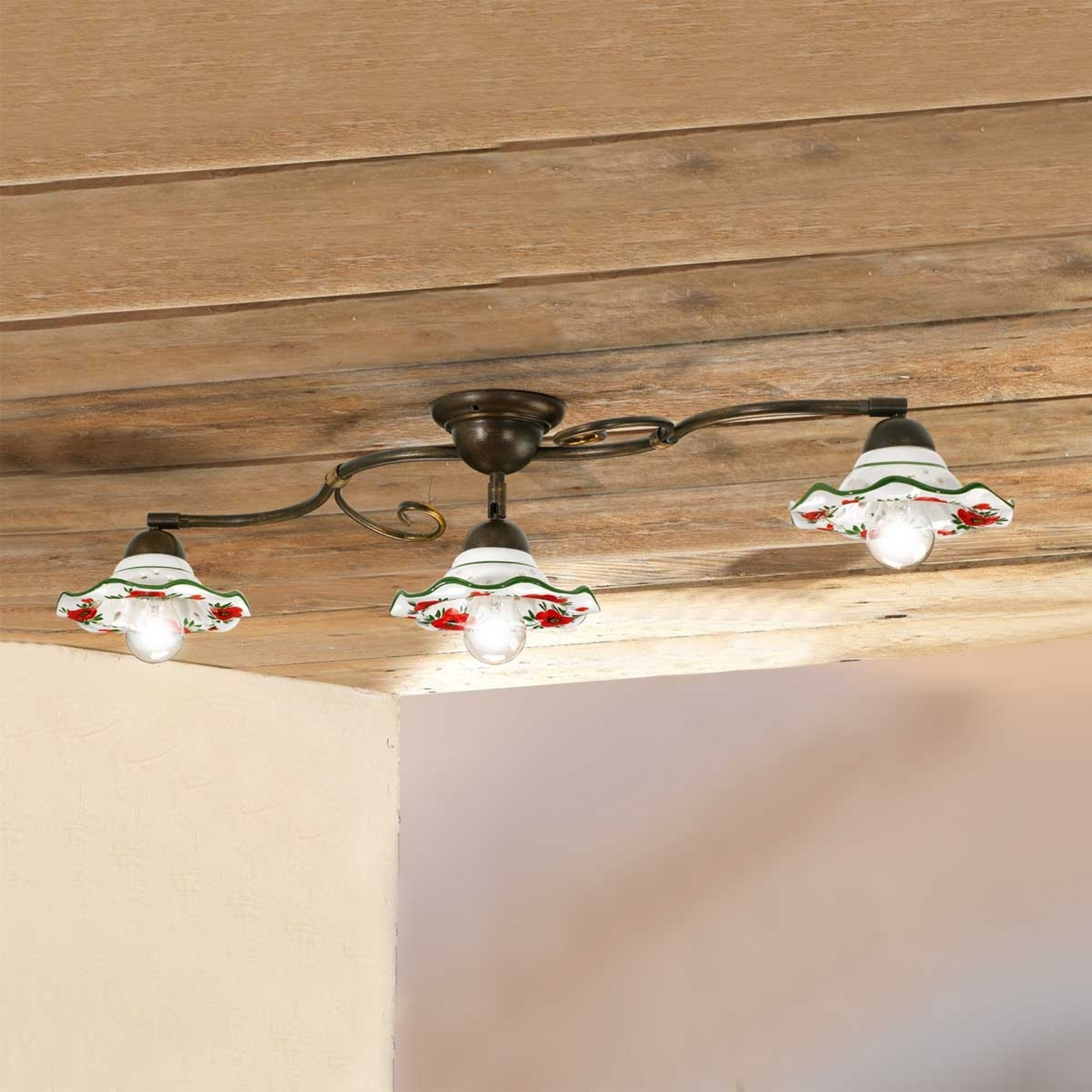 Ceramiche ROSOLACCI ceiling light with ceramic shades 3-bulb, for Living / Dining Room, ceramic, metal, E27, 60 W, energy efficiency: A++, L: 95 cm, H: 20 cm