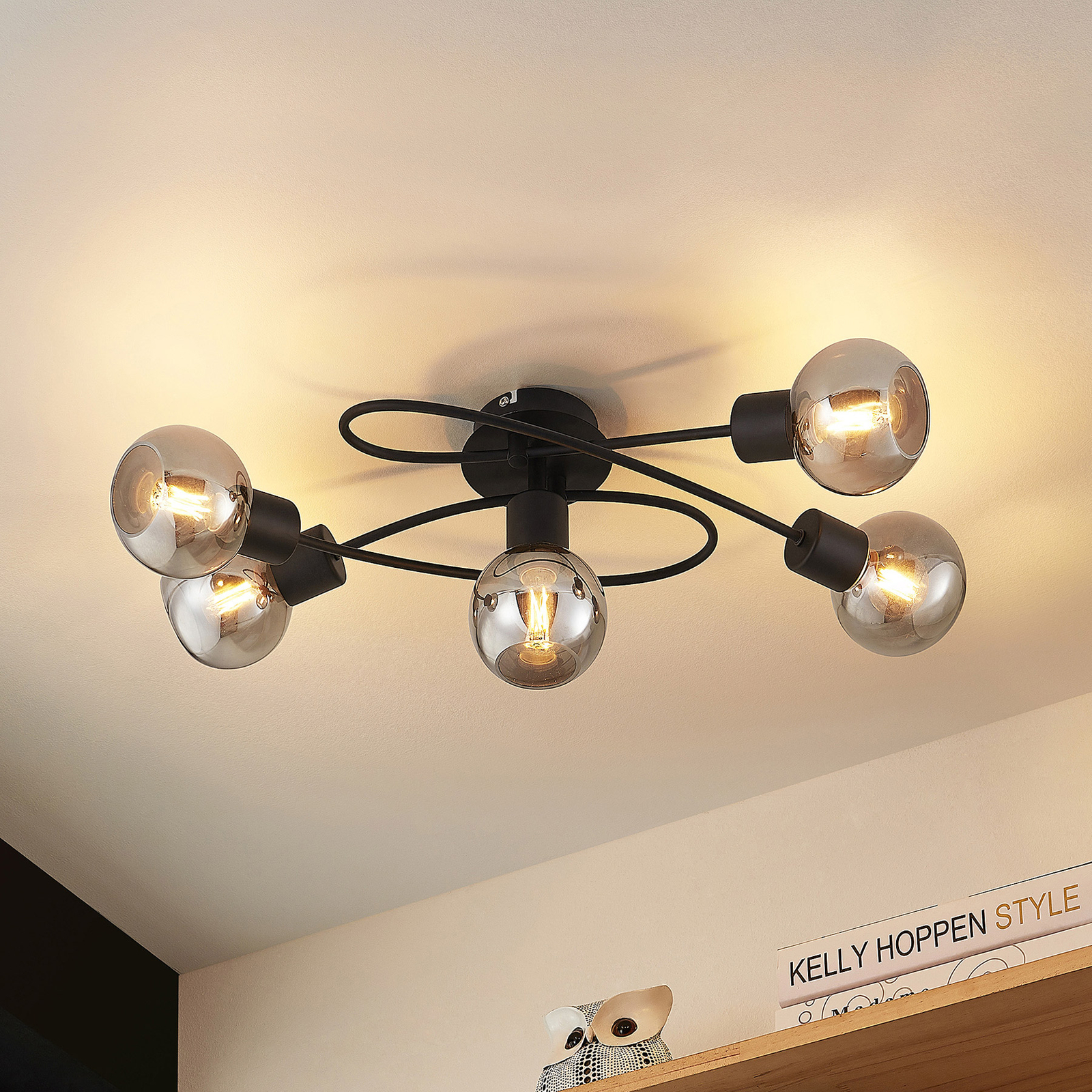 Lindby Elaina LED ceiling lamp 5-bulb long, smoke