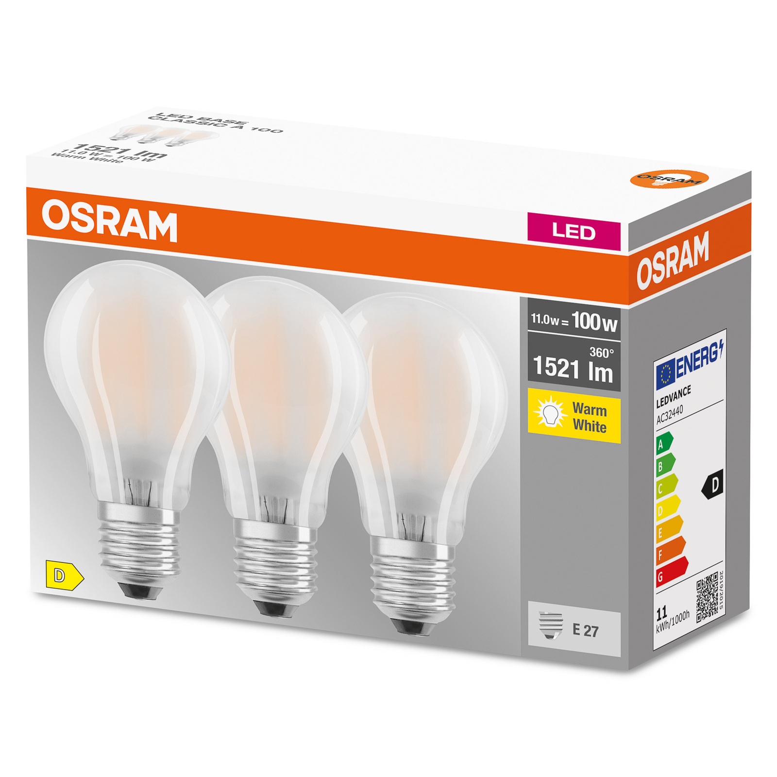 OSRAM LED bulb E27 base CL A 11 W 2,700 K matt 3x