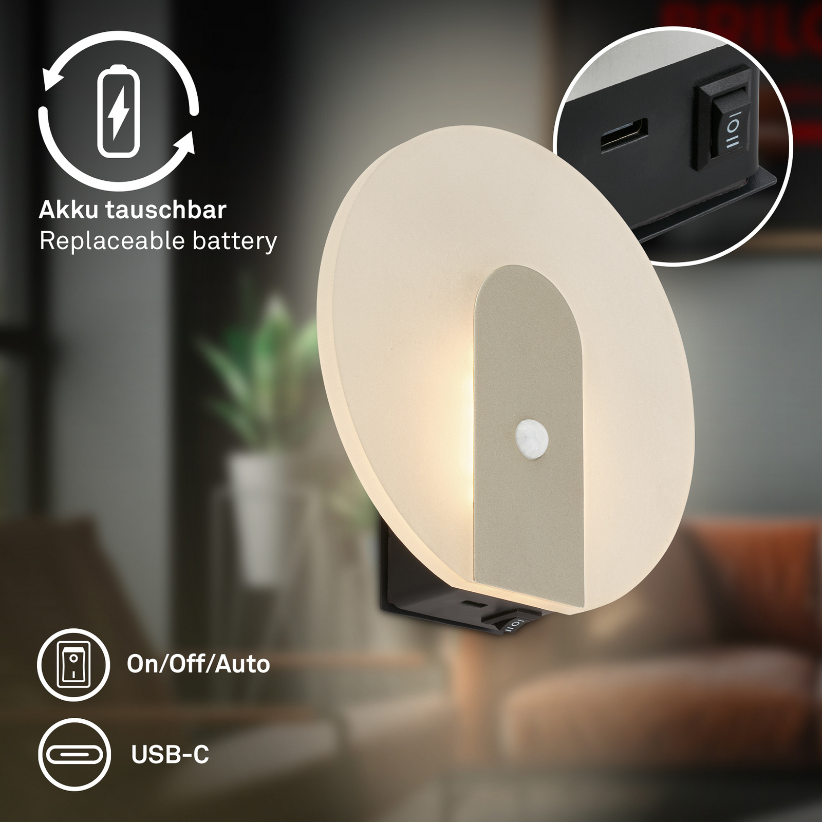 LED wandlamp op accu Taro, lichtgoudkleurig, Ø 15 cm, sensor