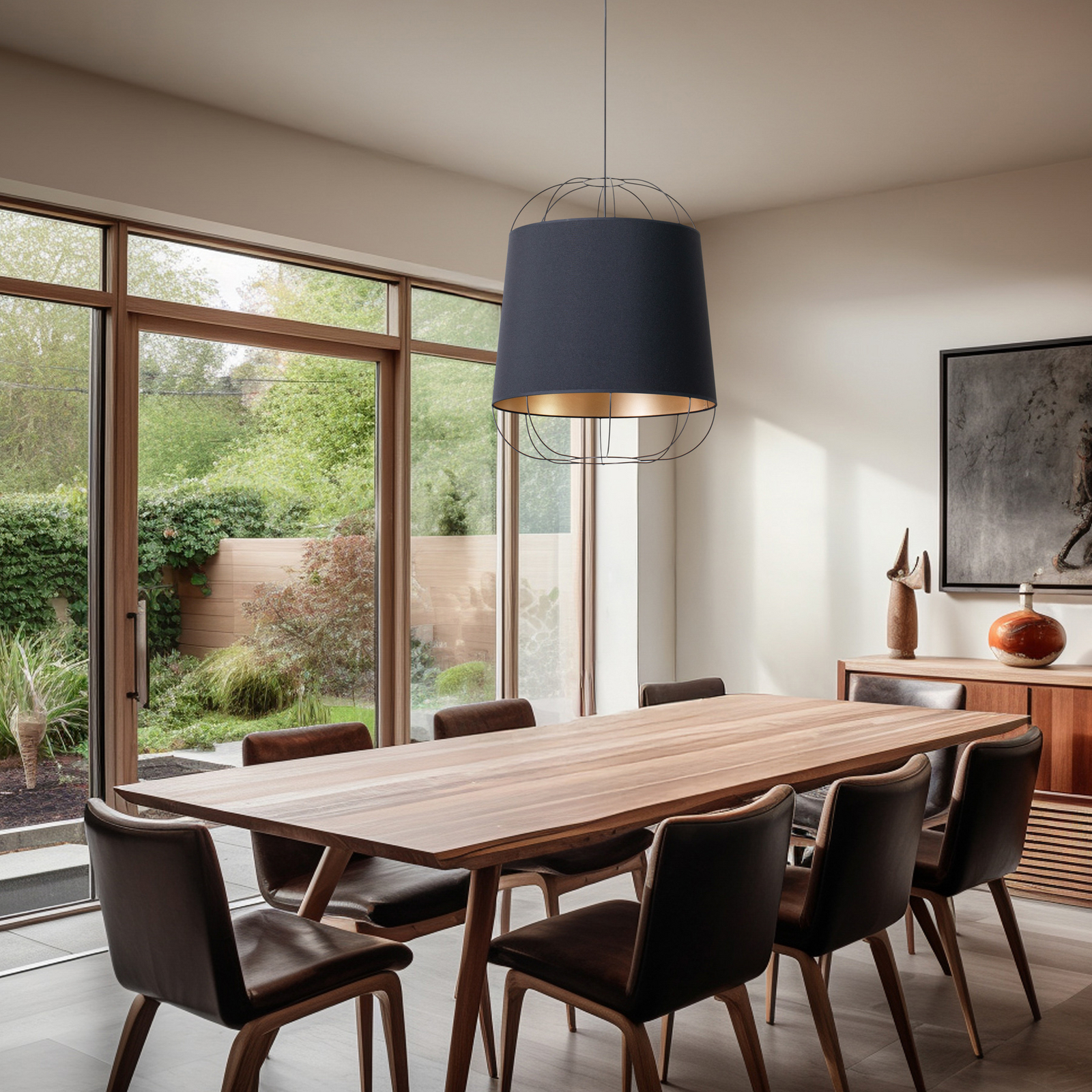 Hängeleuchte Lantern Medium, schwarz/gold, Stoff, E27