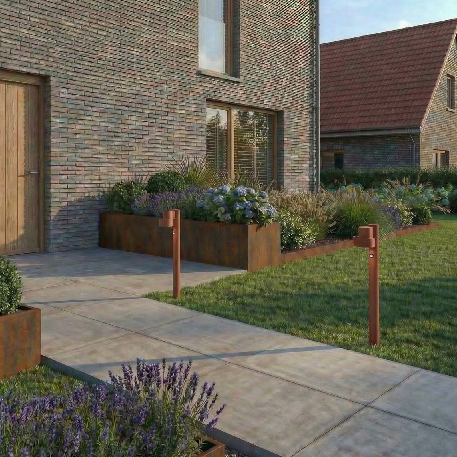 Elune LED-väglampa, brun, med sensor, IP44, 77 cm – Lucande