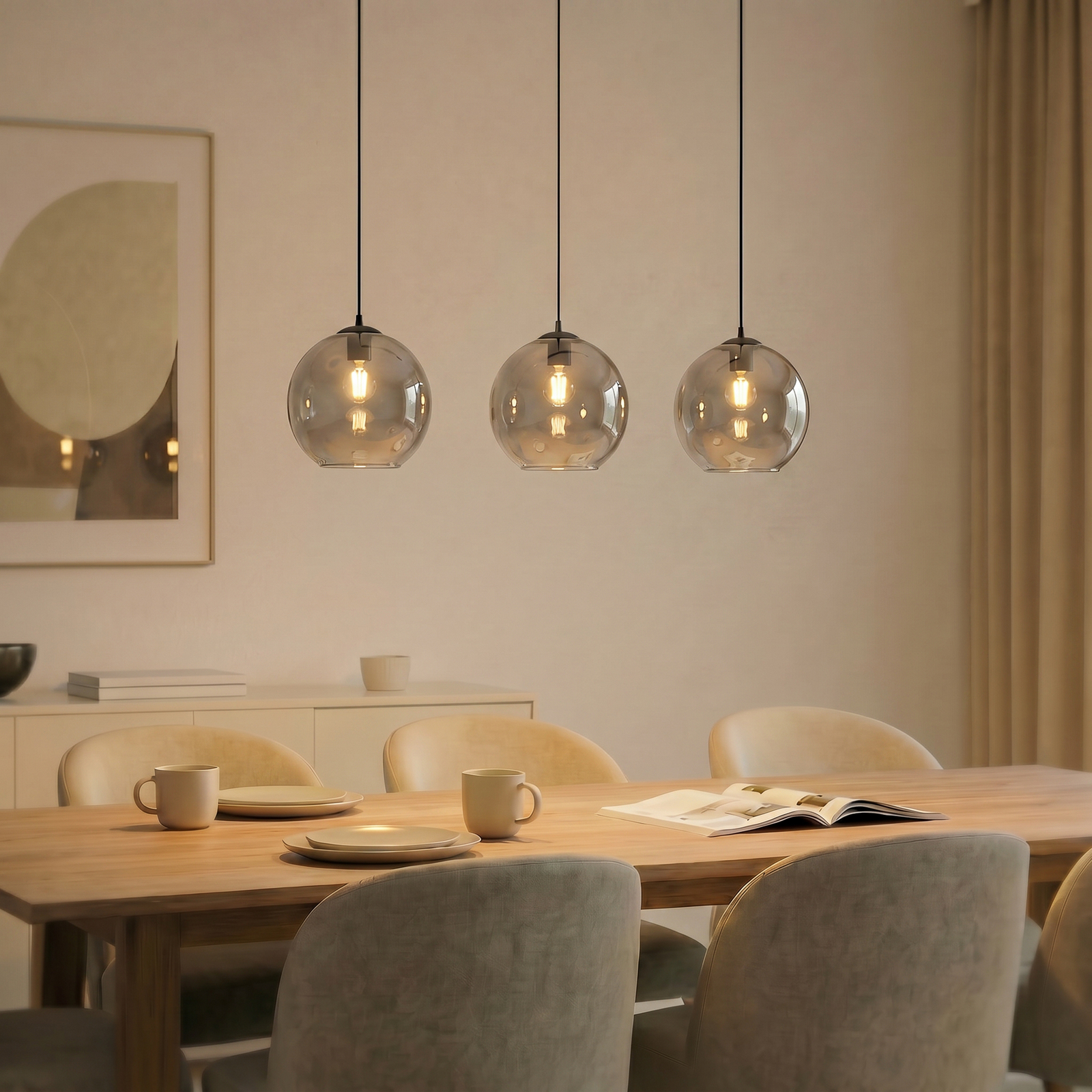 Lucande Hängeleuchte Brillar, rauchgrau, Glas, 3-flg., 128cm