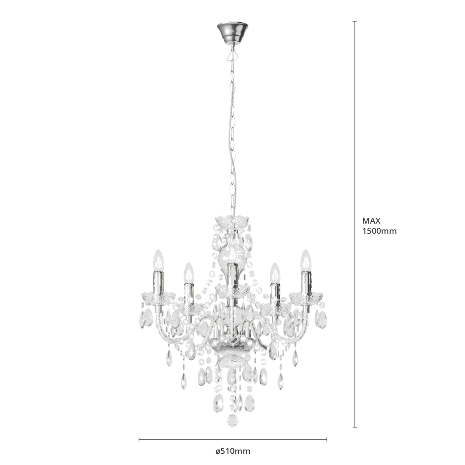 Lindby Kronleuchter Merida, chrom, Metall, 5-flg., Ø 52 cm