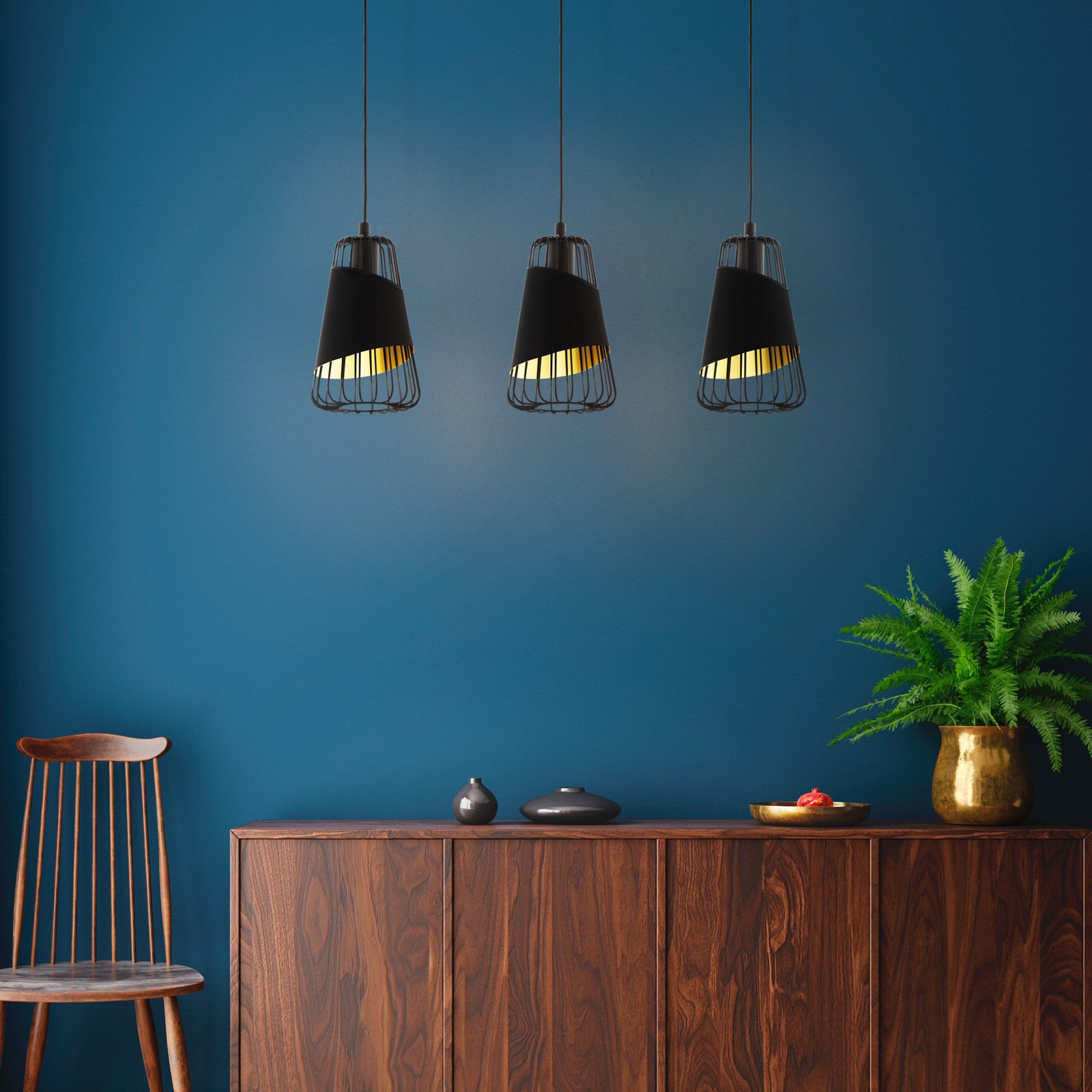 Austell piekaramā lampa, garums 76,5 cm, melna/zelta, 3 gaismas.