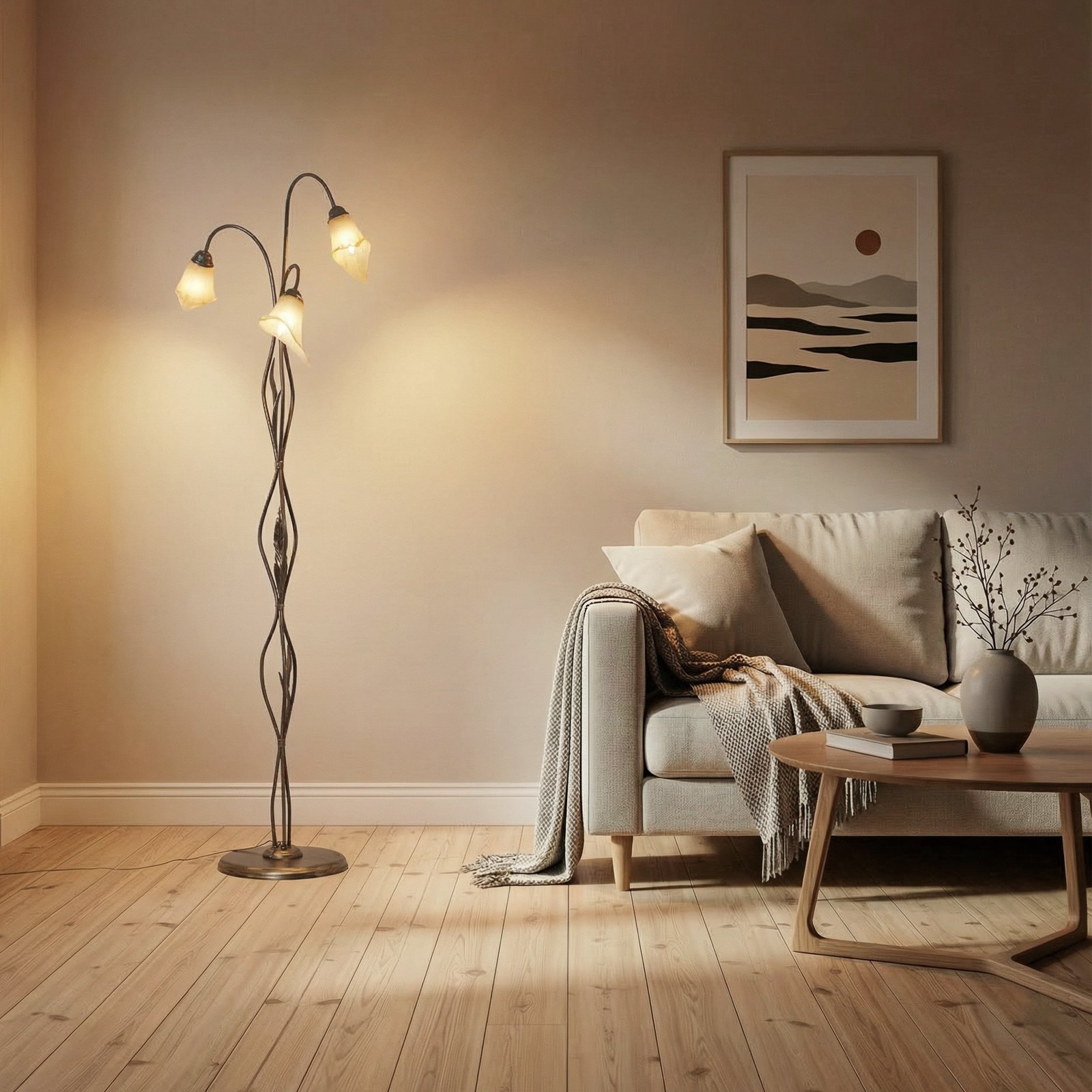 Alga 3-bulb floor lamp, iron, glass, Florentine