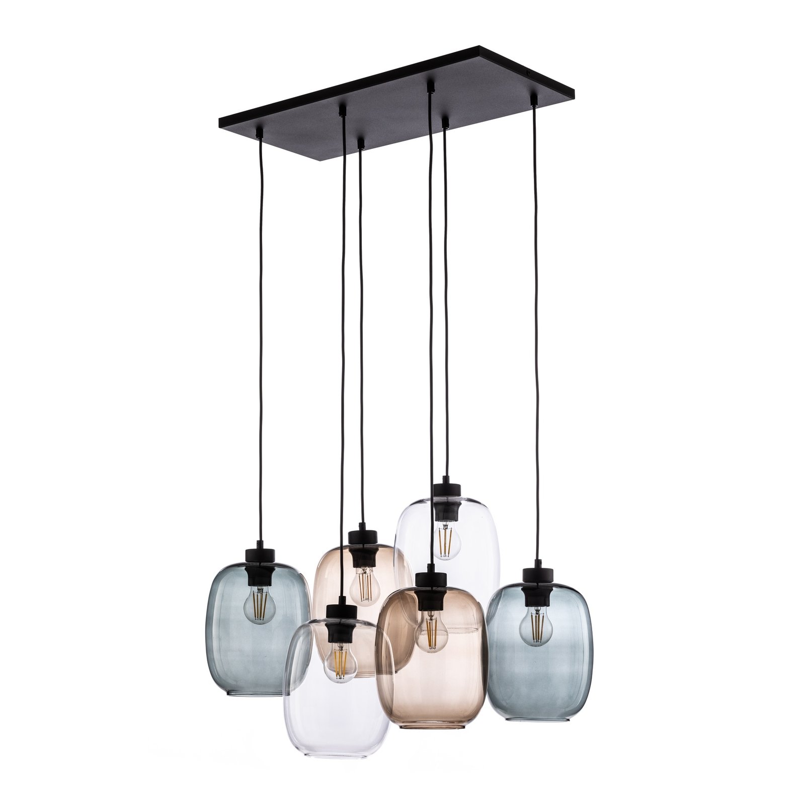 Elio pendant light, glass, brown/clear/grey, 6-bulb rectangular