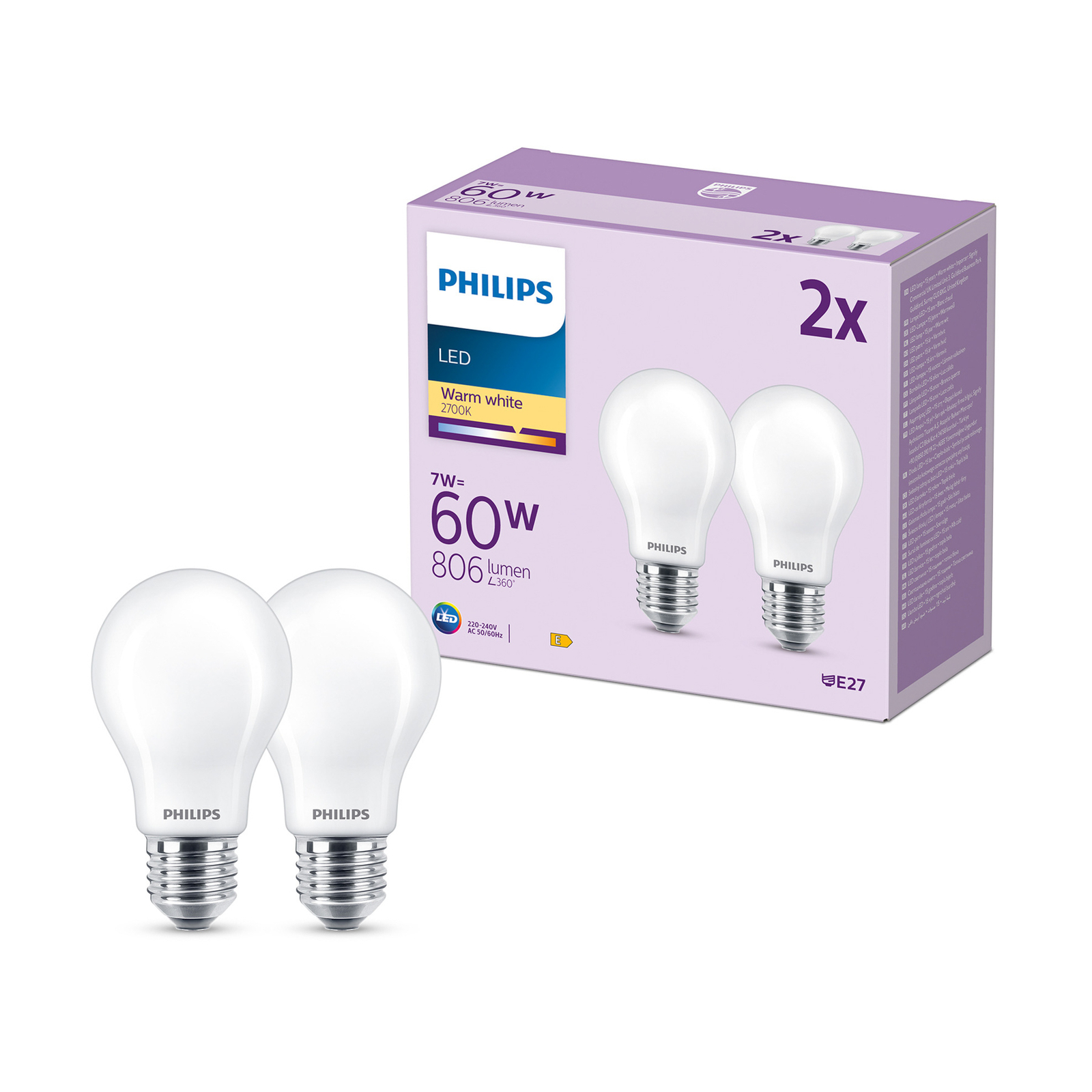 Philips LED lámpa E27 7W 806lm 2700K matt 2db