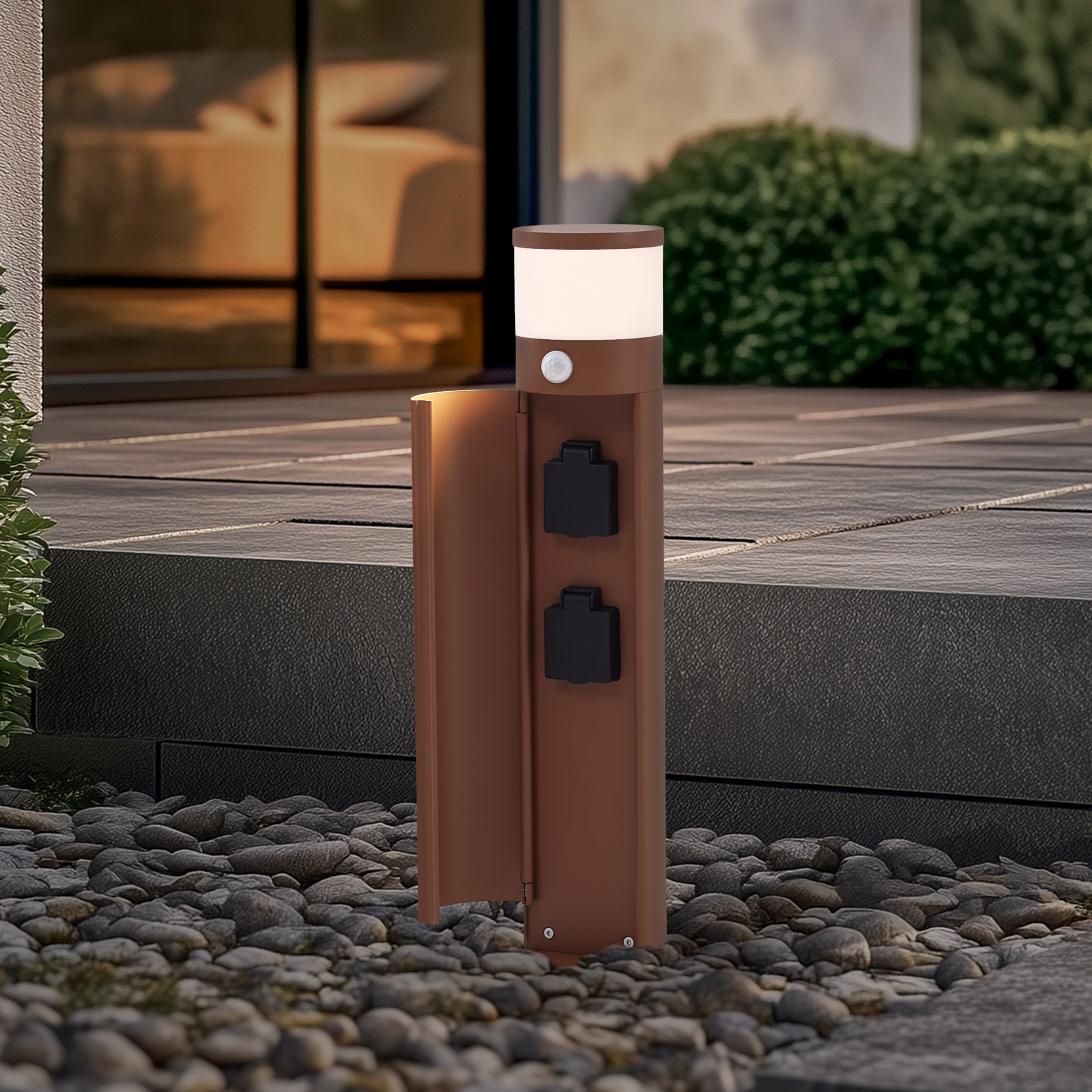 Lucande Lampa cokołowa Corban, rdza, czujnik, gniazdka, IP44