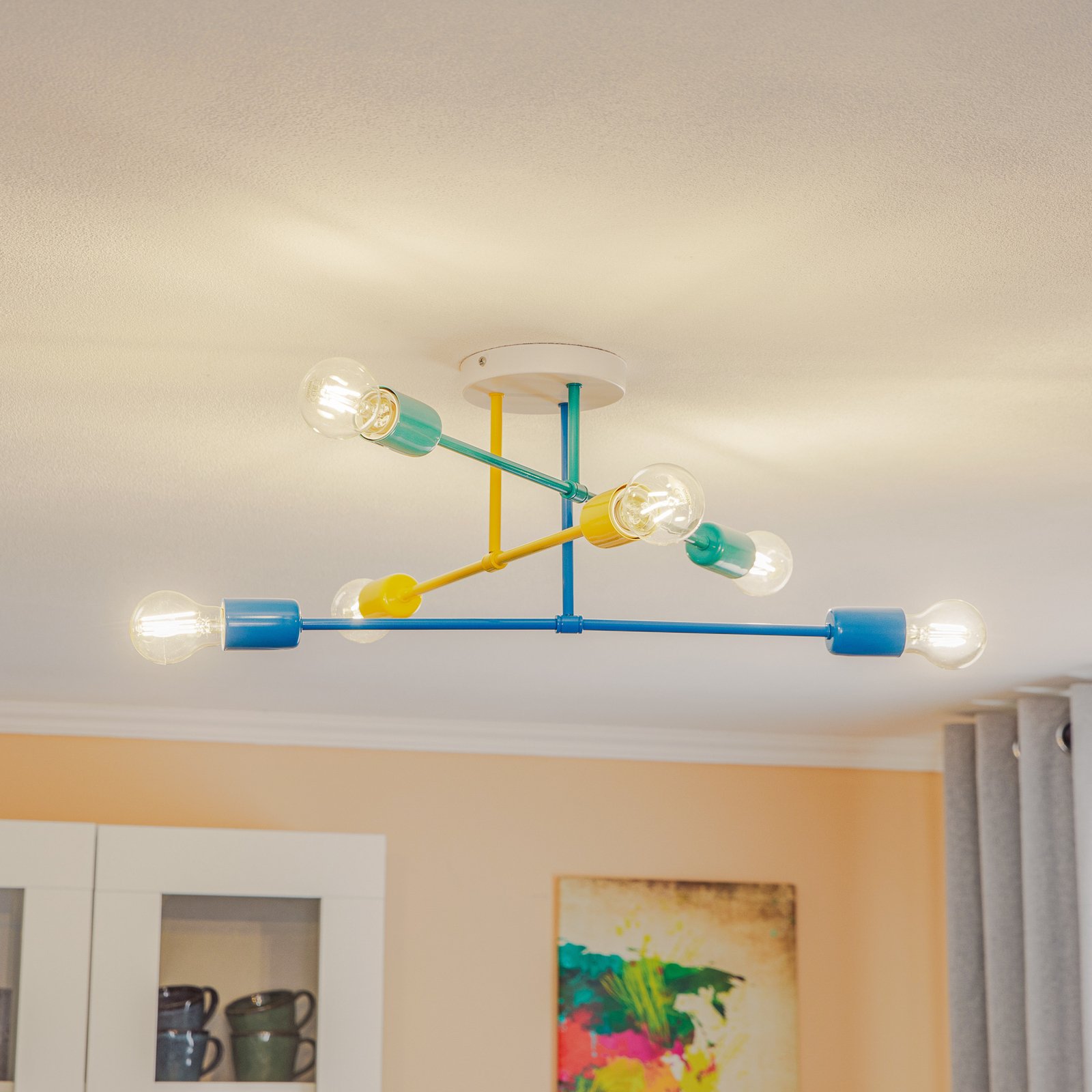 Cambridge ceiling, 6-bulb yellow turquoise blue
