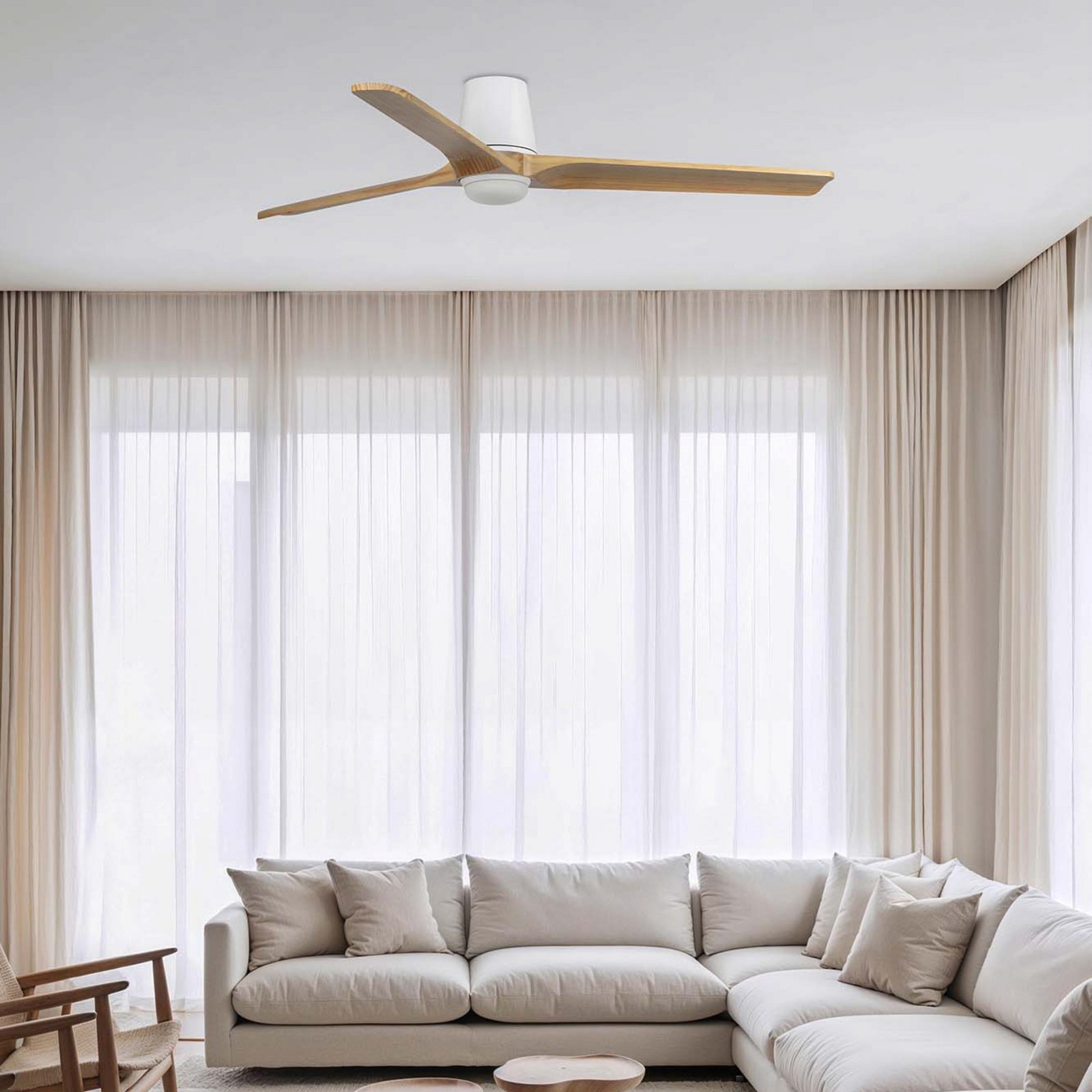 LED ventilátor Heywood L, fehér/fa színű, DC, csendes, CCT