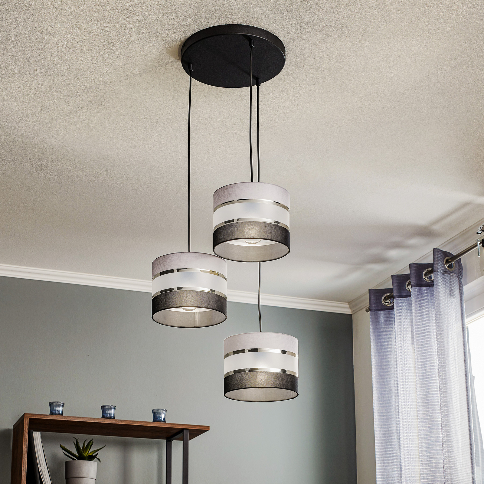 Helen hængelampe, rund, grå-sort-sølv, 3 lyskilder