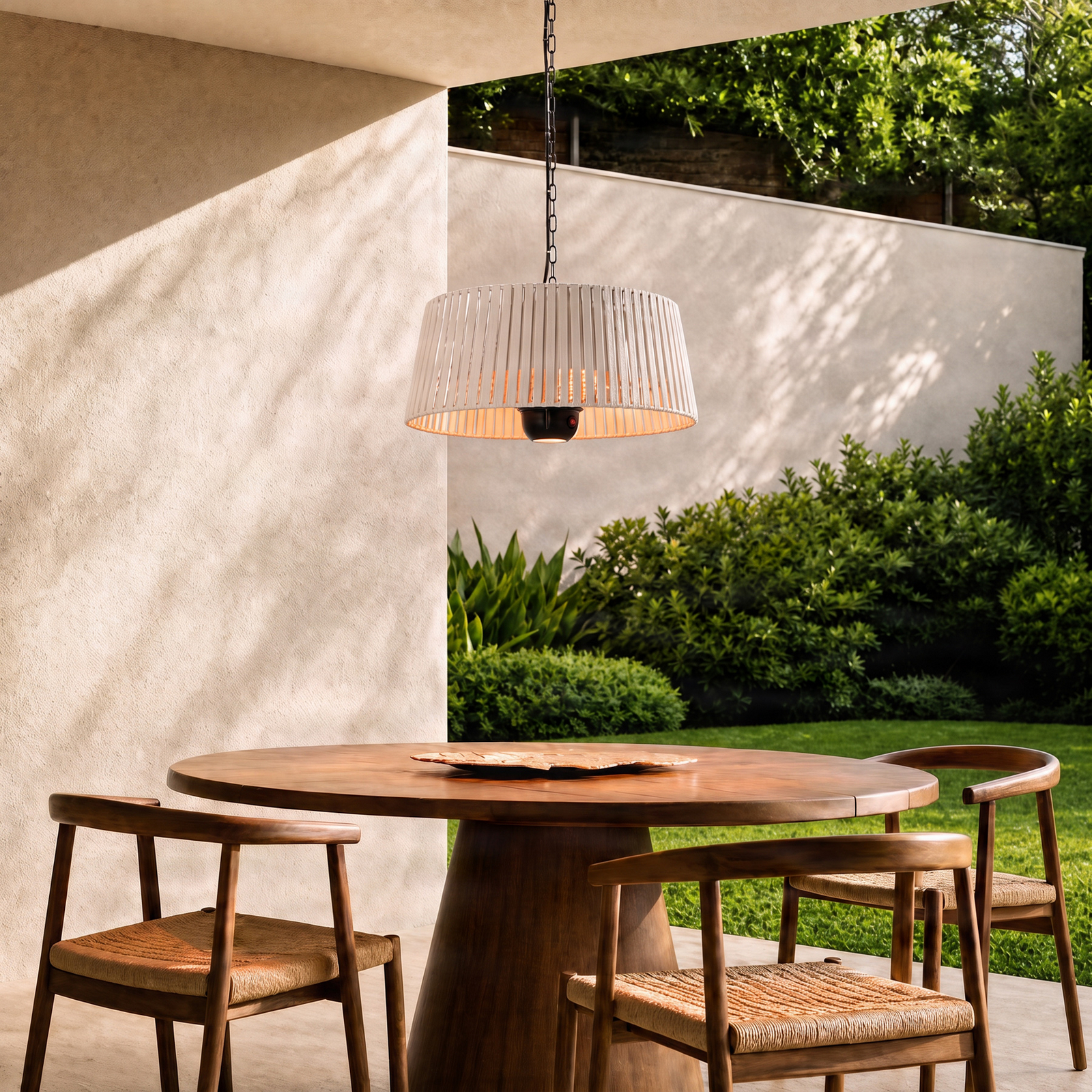Lucande Pyravo suspended patio heater, beige, aluminium, Ø 60 cm Lucande Pyravo suspended patio heater, beige, aluminium, Ø 60 cm