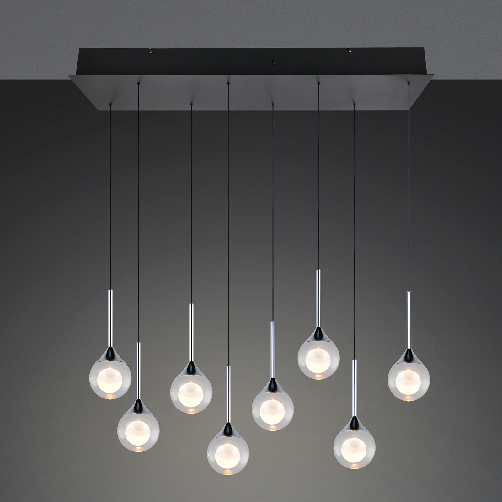 Trio Lighting LED висяща лампа „Calista“, хромирана, дължина 90 см, метал/стъкло, 8 лампи