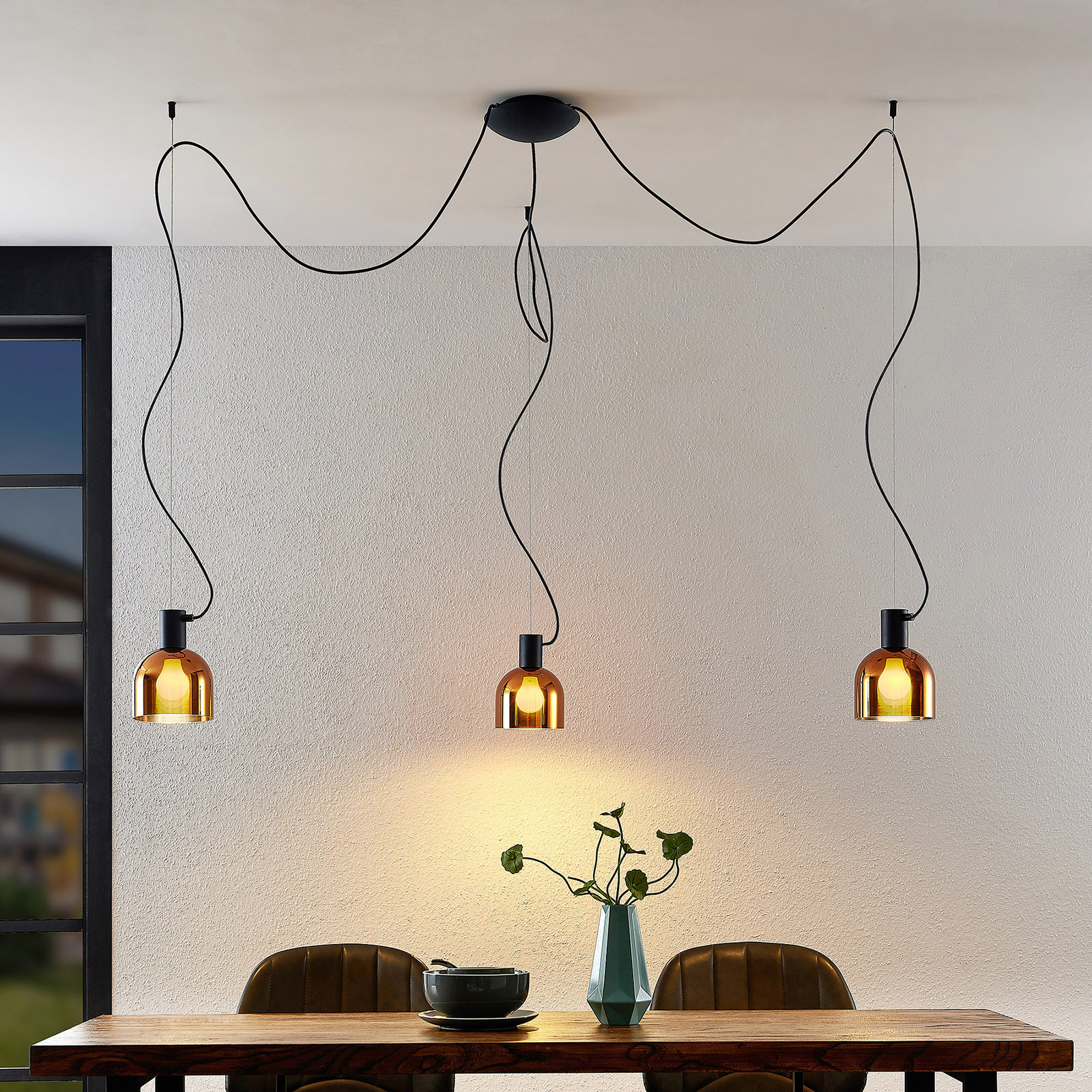 Lucande Serina hanglamp, 3-lamps glas koper
