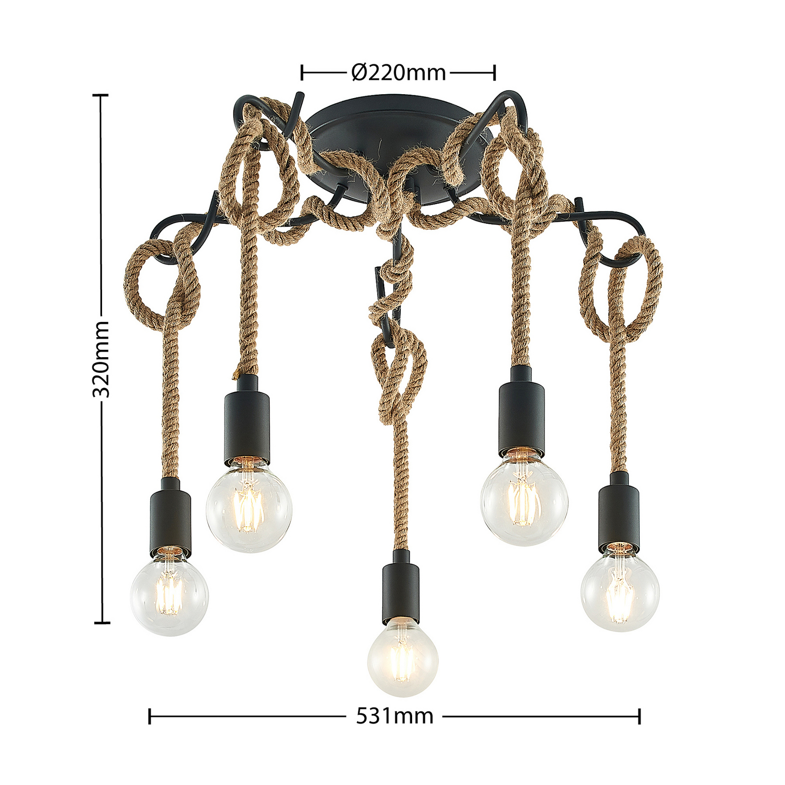 Stropní svítidlo Lucande Ropina, 5flg., černé, konopné lano