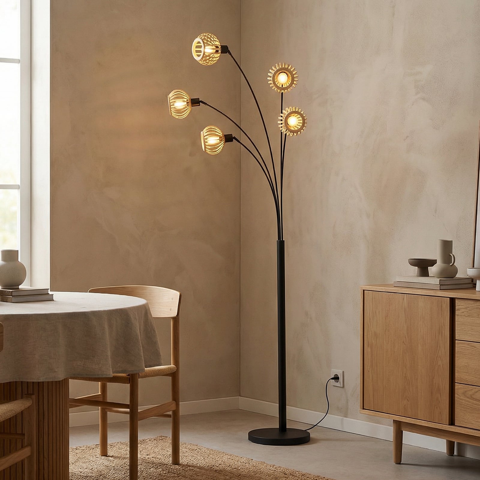 Stojací lampa Lindby Lielle, přírodní bambus, 5 světel, 190 cm