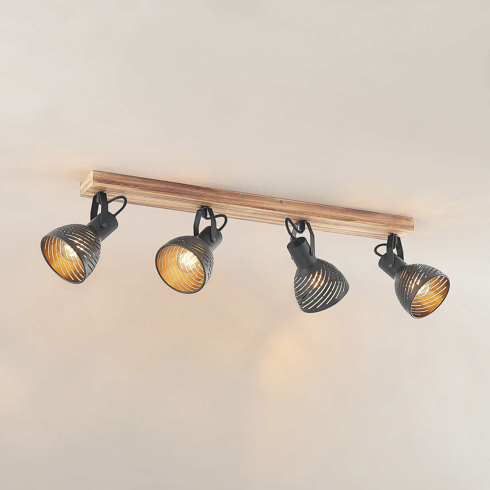 Lindby Raniso plafonnier avec spots, bois de caoutchouc, 4 lampes