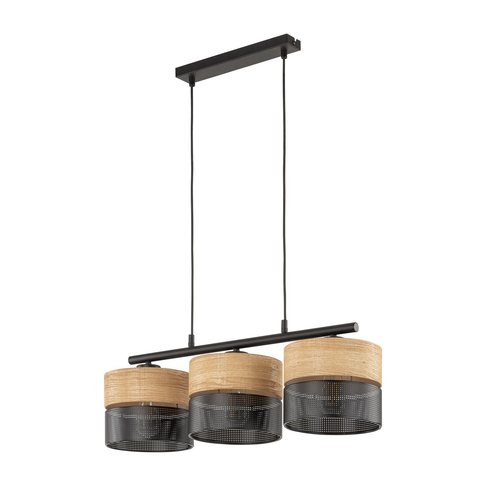 Nicol hanglamp, zwart/hout-effect, 70x20 cm 3-lamps 3 x E27