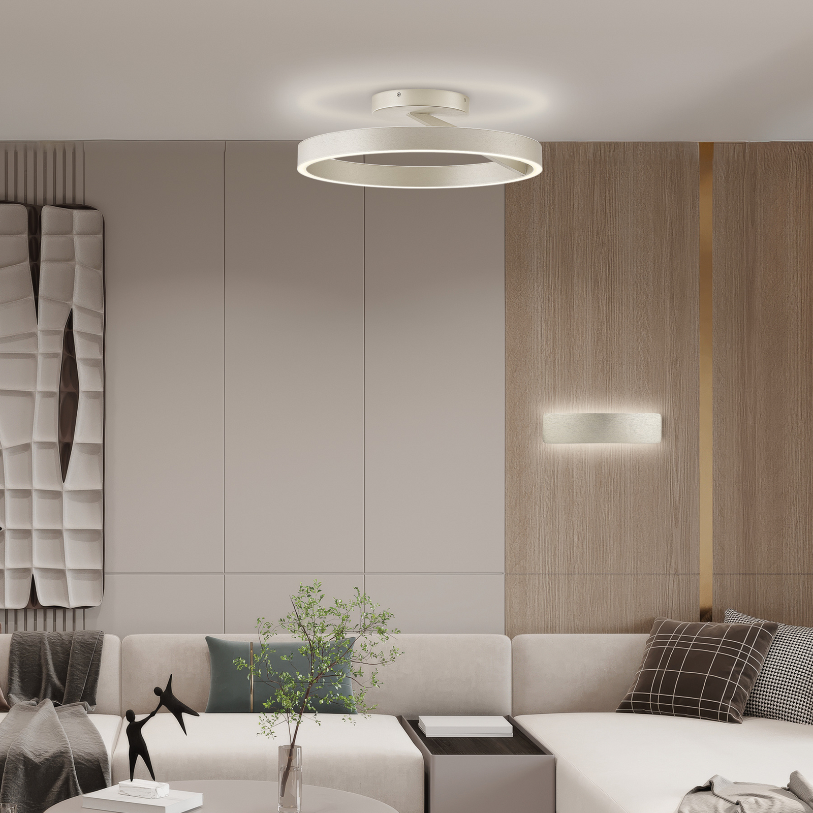 Plafonnier LED Saturn, Ø 50 cm, couleur crème-argent, métal