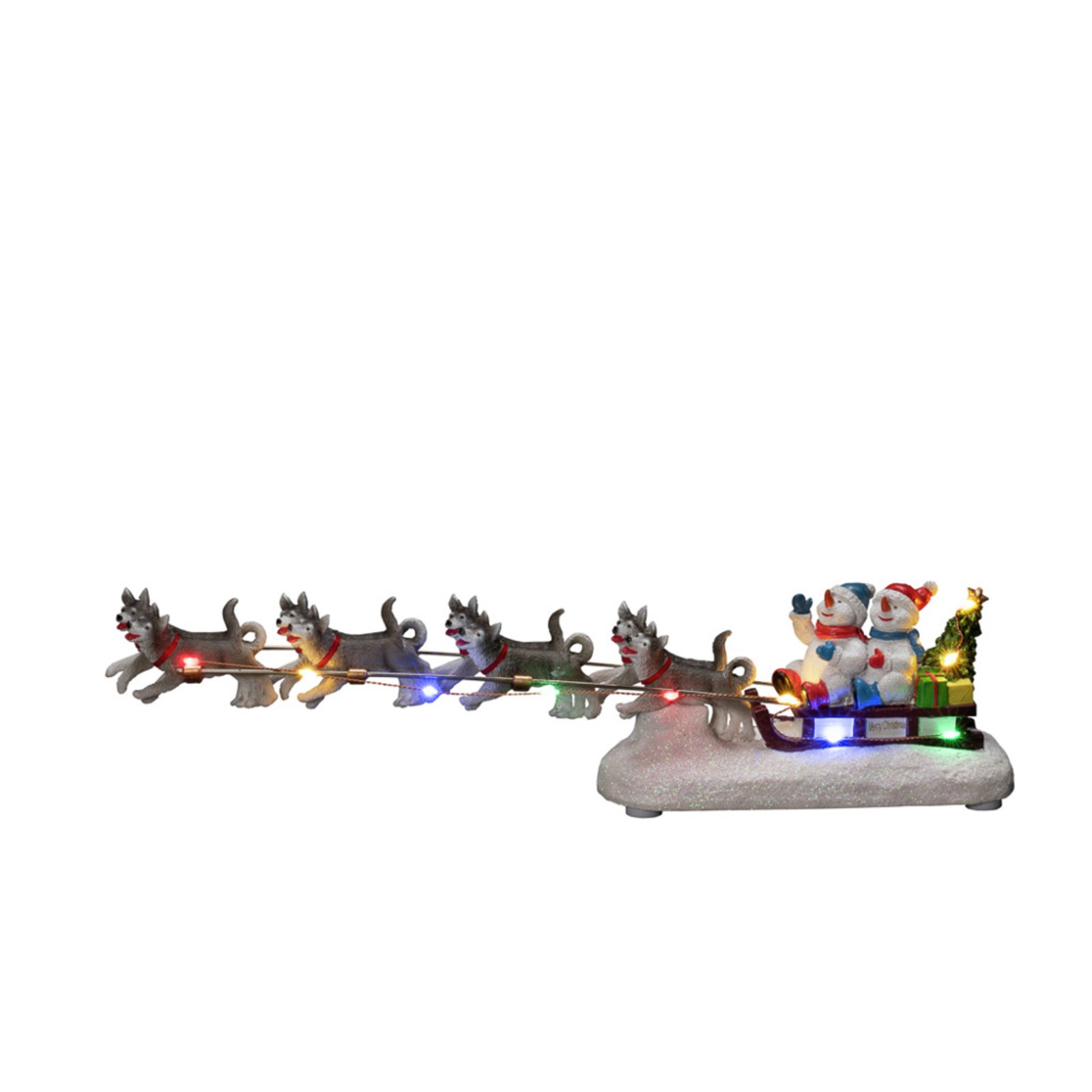 Tafeldeco sneeuwpop met hondenslee bonte LEDs