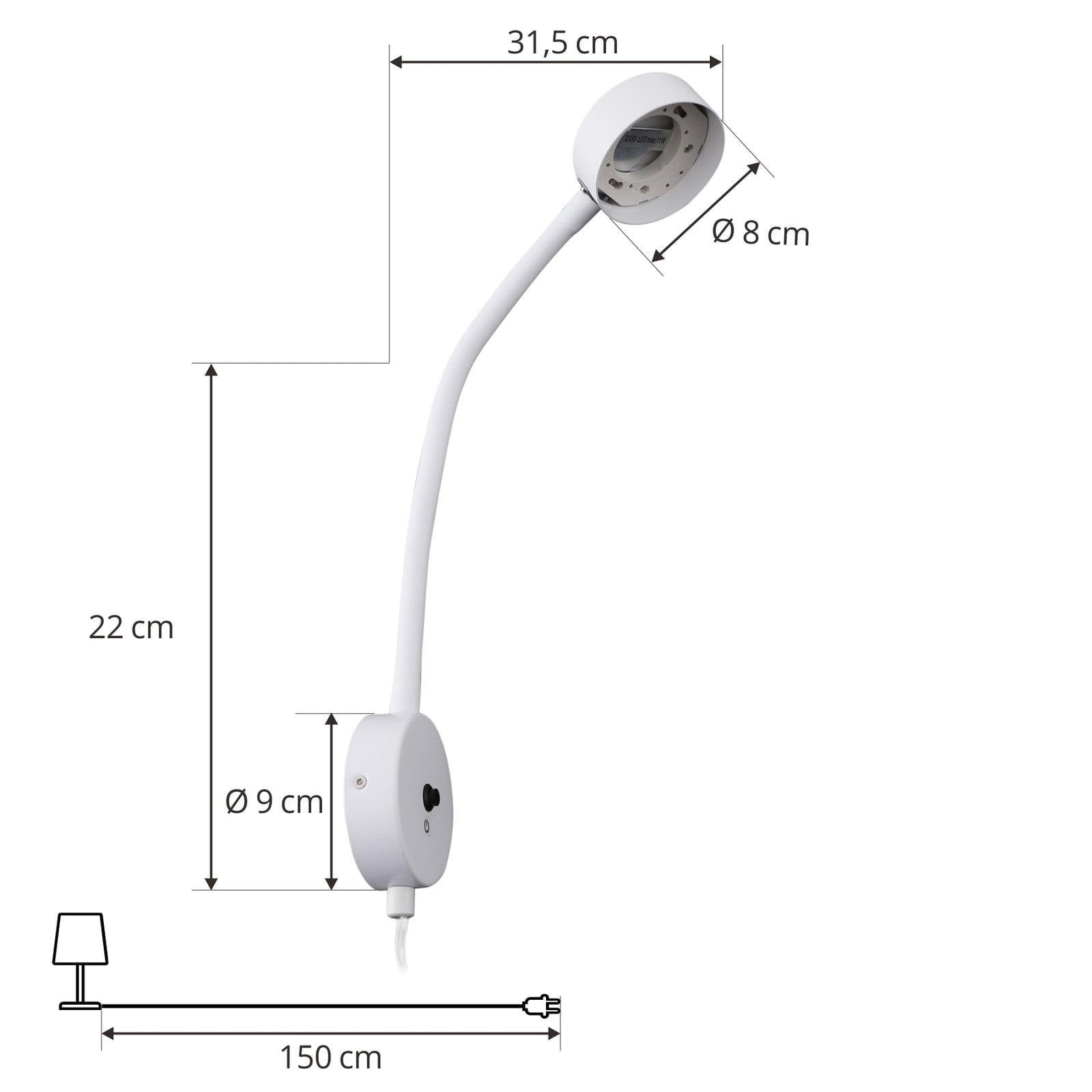 Zidna lampa Jyla, GX53, mat bijela, utikač, fleksibilni krak - Lindby