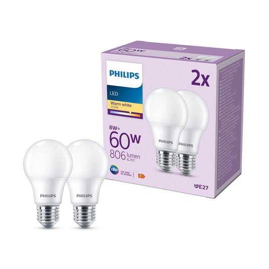Philips LED-Lampe E27 8W 806lm 2.700K matt 2er