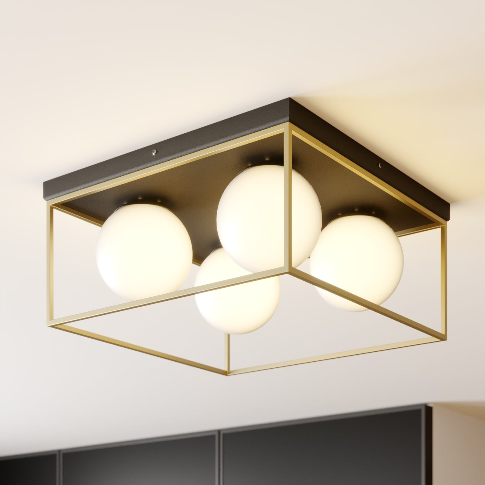 Lindby Aloam ceiling light with four glass globes, for Living / Dining Room, glass, metal, E14, 40 W, energy efficiency: A++, L: 45.5 cm, W: 45.5 cm, H: 21.5 cm