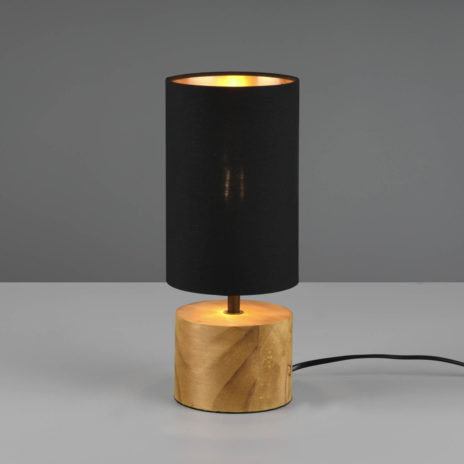 Tafellamp Woody, hout/textiel, cilinder, zwart