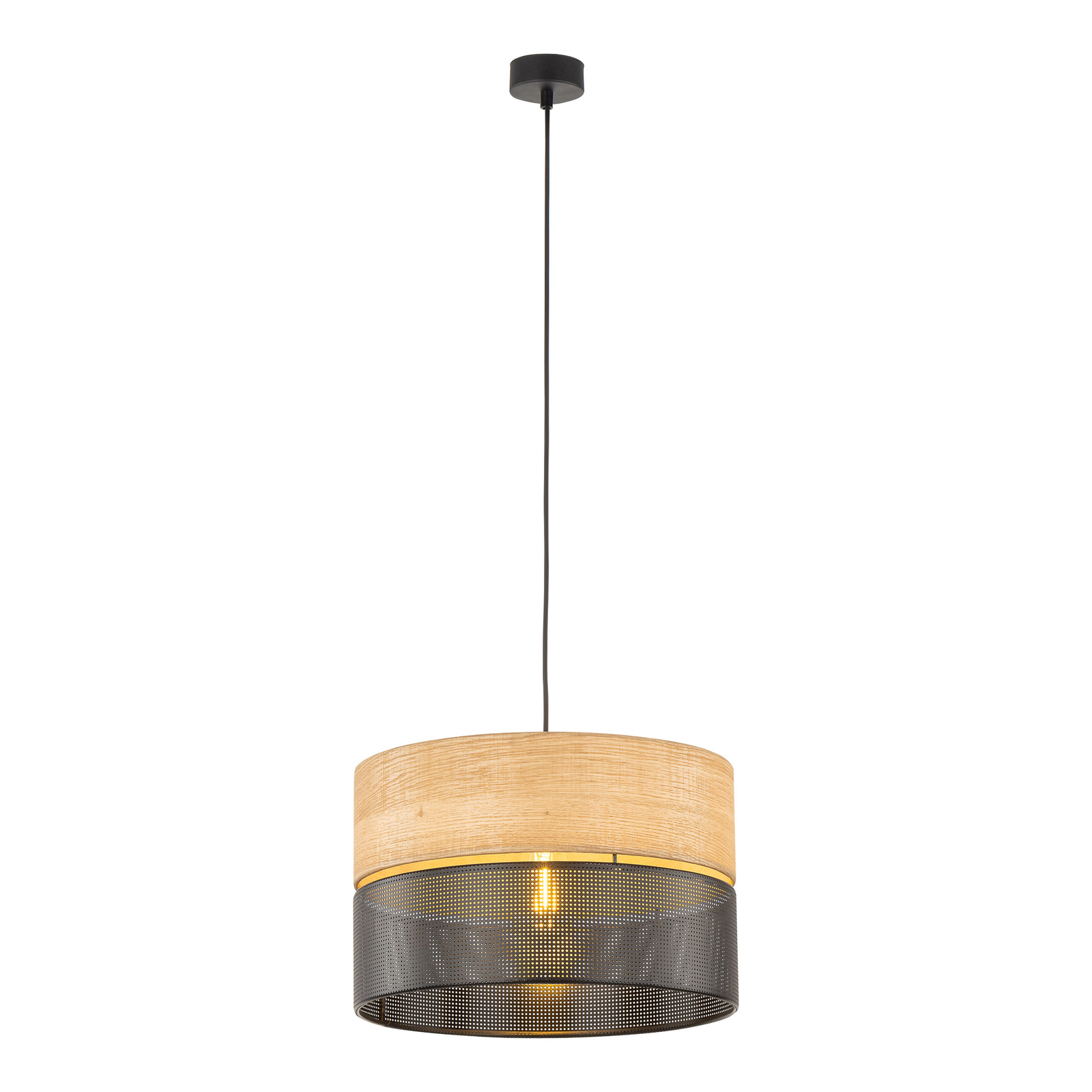 Nicol hanging light, black/wood-effect, Ø 38 cm, 1-bulb, 1 x E27