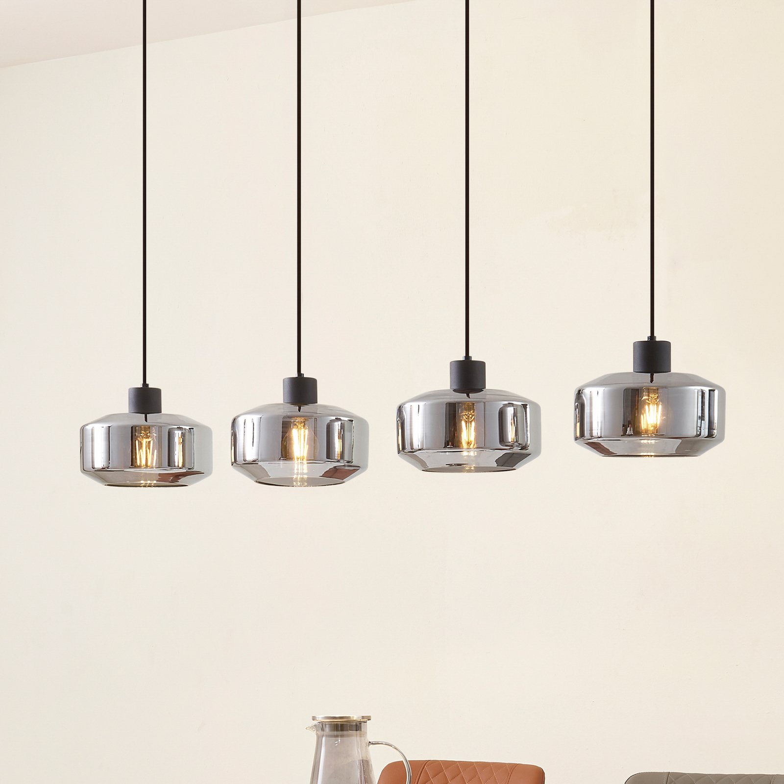 Lindby pendant light Hildur, 4-bulb, 115 cm, smoky grey, glass