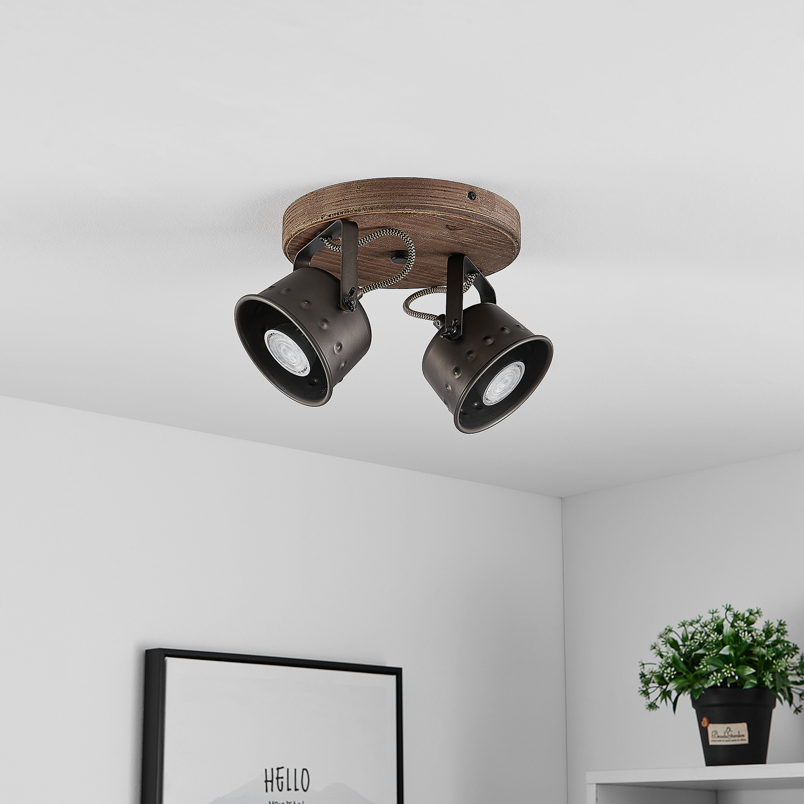 Lindby loftspot Rubinjo, Ø 32cm, 2 lyskilder, træ, metal