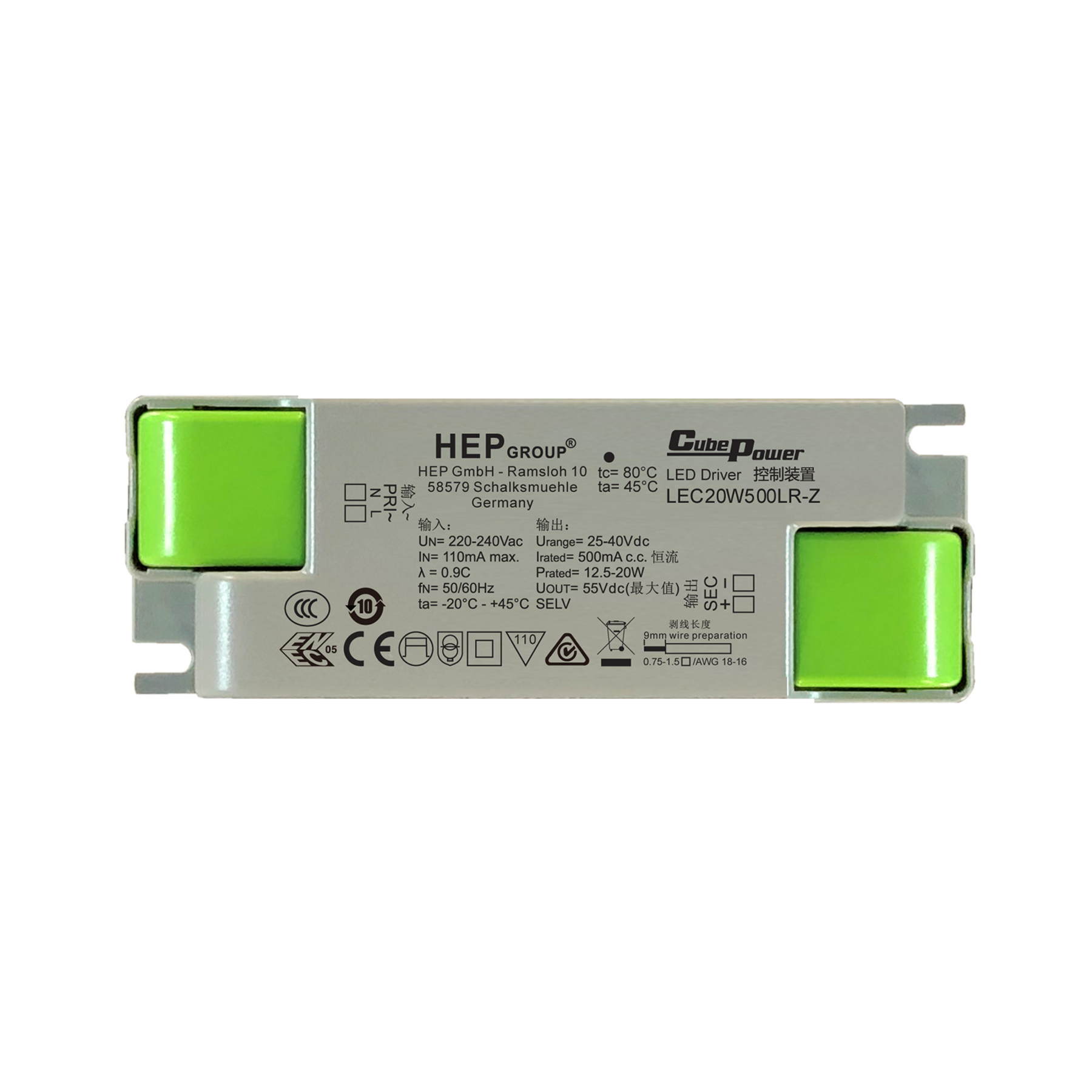 HEP LED driver LEC, 20 W, 500 mA, CC, plastic, L: 11.5 cm, W: 4.1 cm, H: 2.5 cm