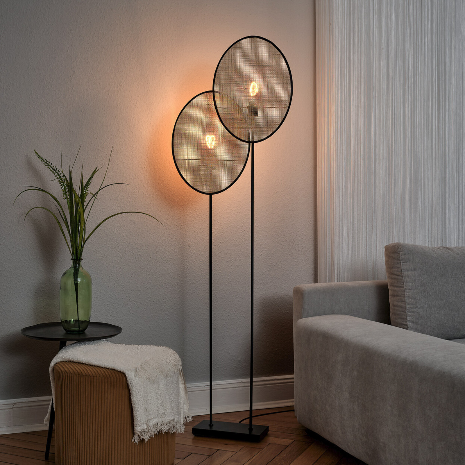 Lampadar OSRAM Decor Rattan Dandelion 2 becuri bej E27 - Camera de zi / sufragerie - Mediterană - bej negru - Lemn