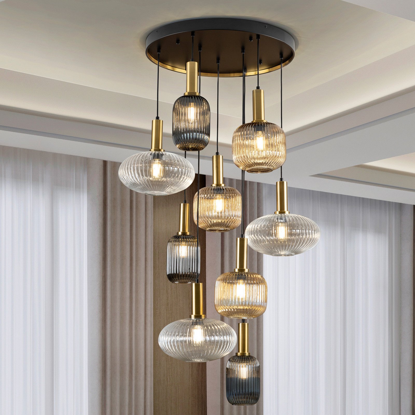 Schuller Valencia Lampă suspendată Norma Ø 80 cm 9 becuri negru/zahăr sticlă - Camera de zi / sufragerie - negru alamă clar chihlimbar gri fumuriu - Metal