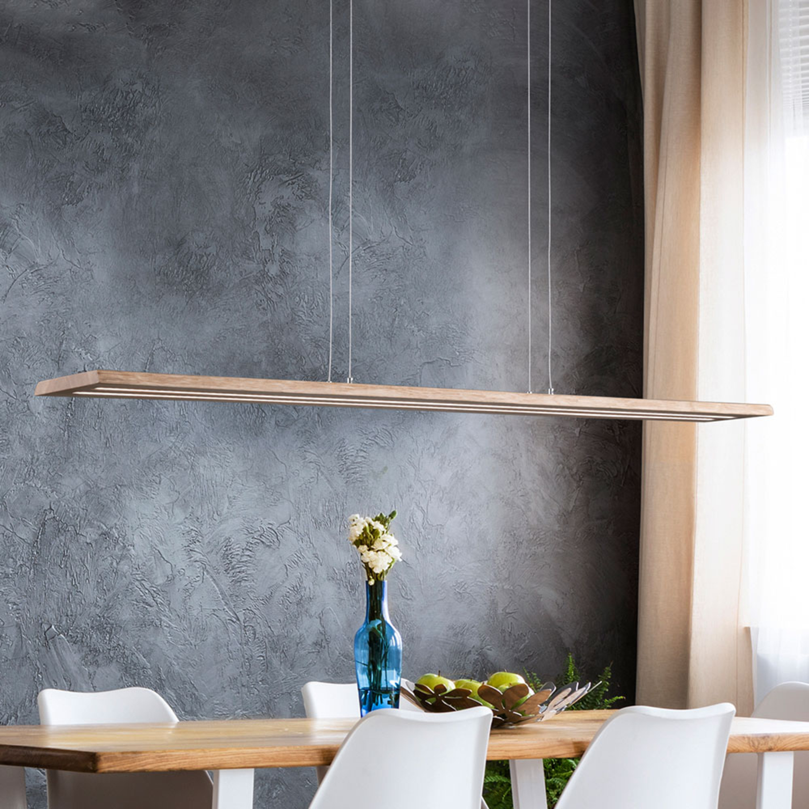Lucande Cyra natural wood LED hanging light, 138 cm, for Living / Dining Room, oak, aluminium, steel, brass, 39 W, energy efficiency: A+, L: 138 cm, W: 16 cm, H: 2 cm