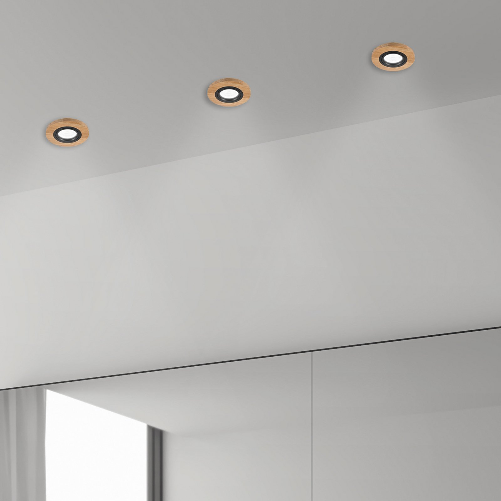 Tobby recessed ceiling light, Ø 10 cm, set of 3, oak GU10