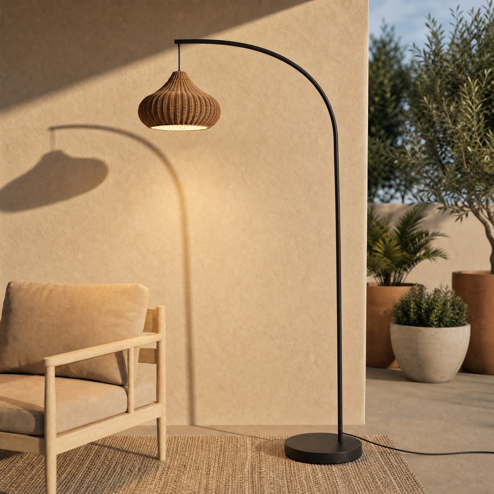 Lucande lampada da terra da esterno Taniola, beige, rattan, 195 cm, IP44