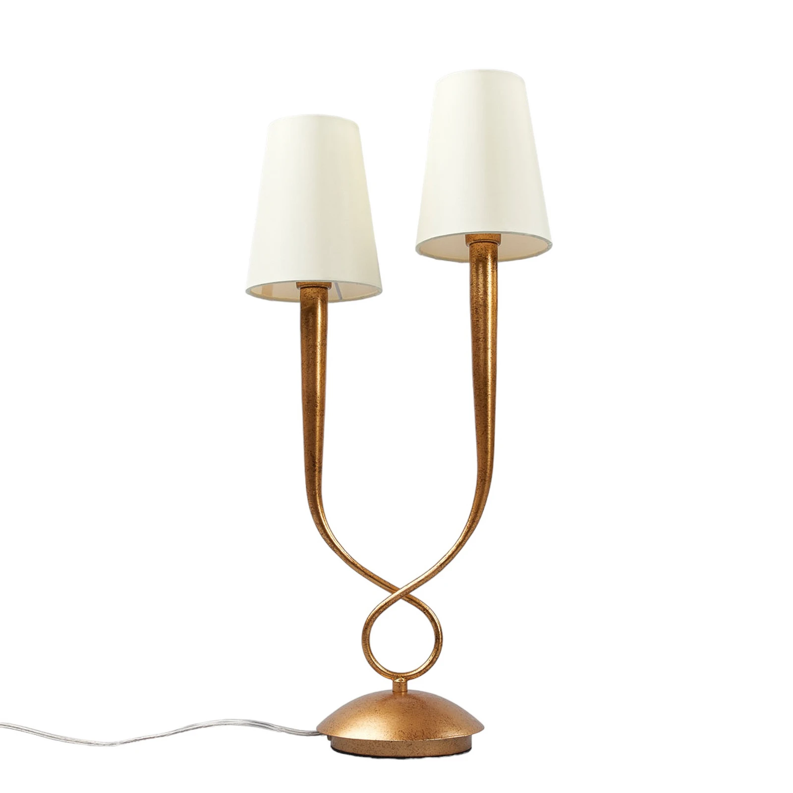 Lampa stołowa Paola 2-punktowa złota z tekstylnymi kloszami