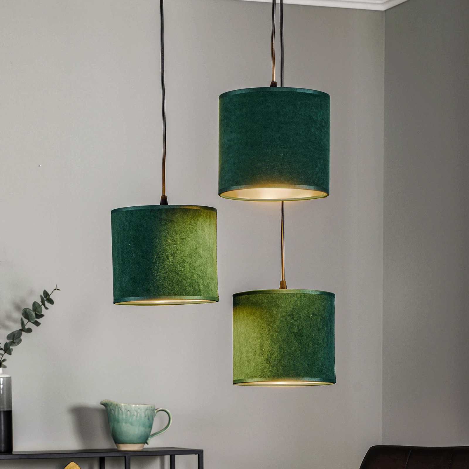 Hanglamp Jari stoffen kap 3-lamps rond groen-goud |