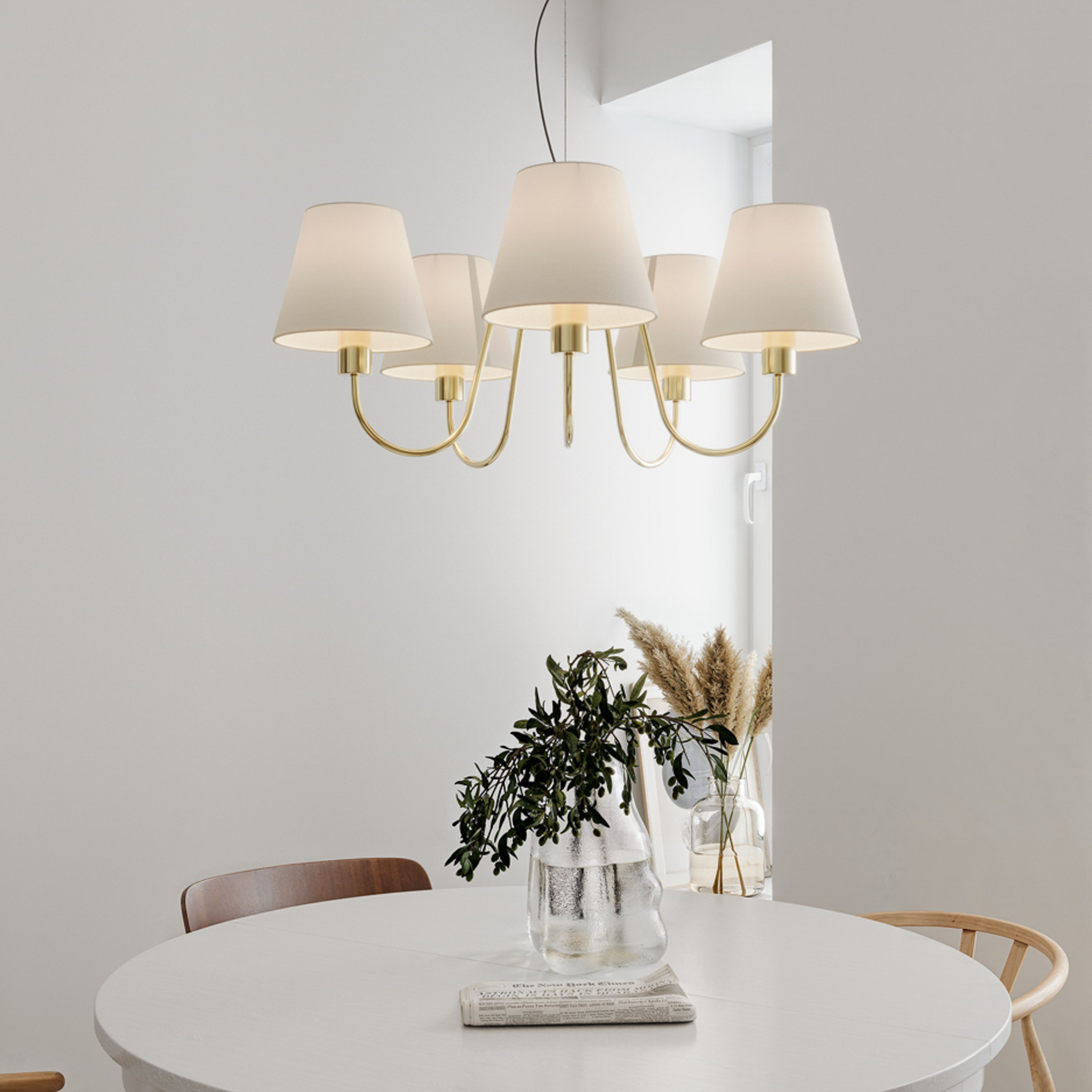 Lampadario Lynx, ottone/bianco, a 5 luci, metallo, tessuto, E14 - By Rydéns
