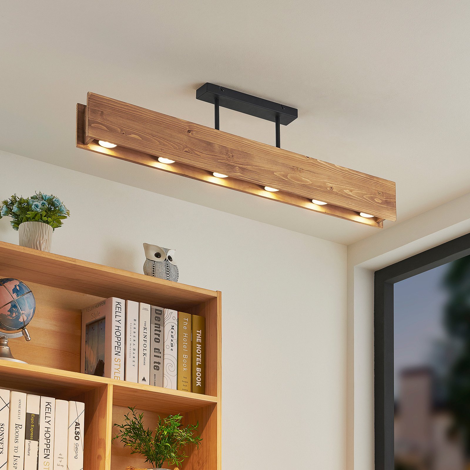 Lindby Malwin wooden ceiling light, long, 6-bulb GU10