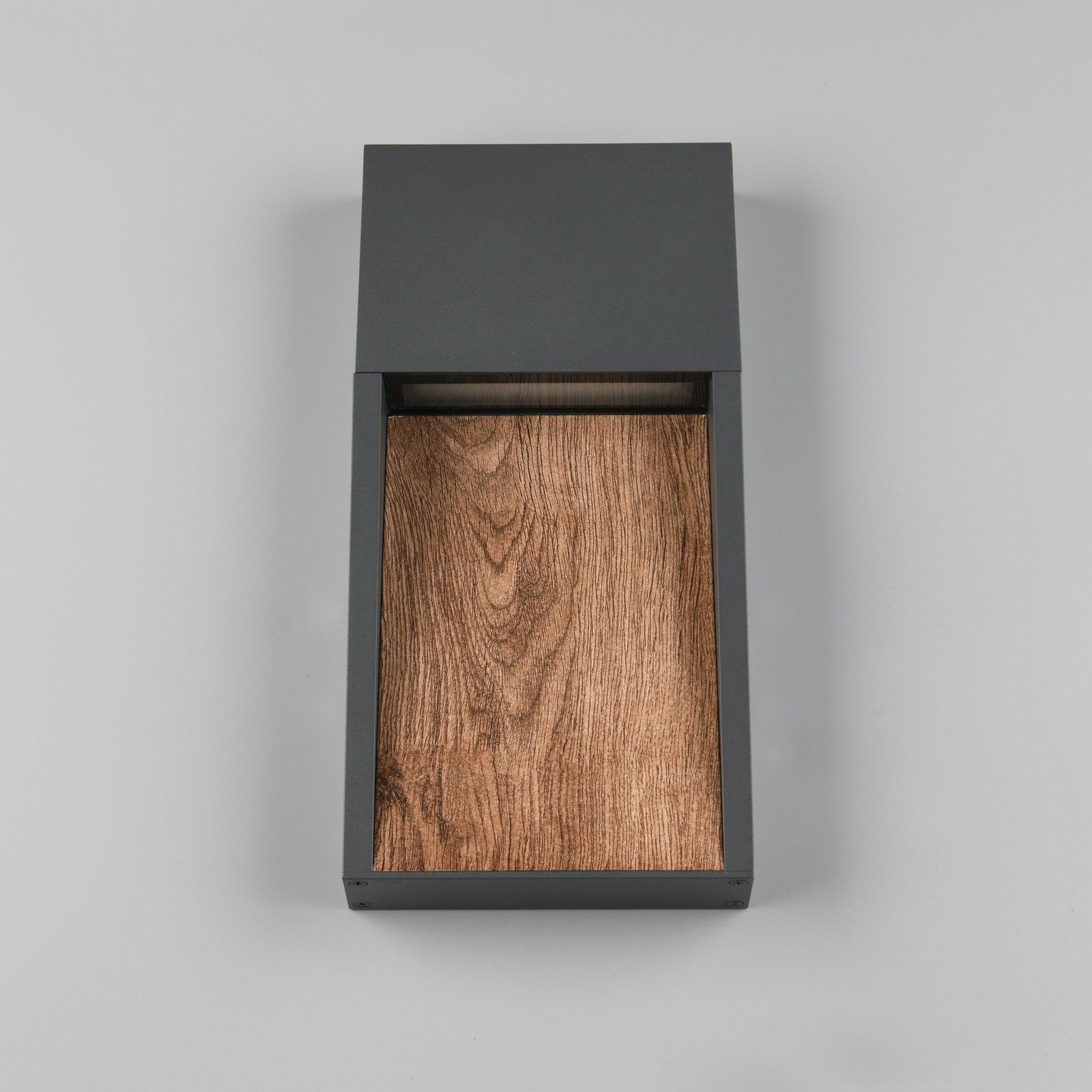 LED āra sienas lampa SALMON, koka izskats, metāls, augstums 33 cm, IP44 LED āra sienas lampa SALMON, koka izskats, metāls, augstums 33 cm, IP44