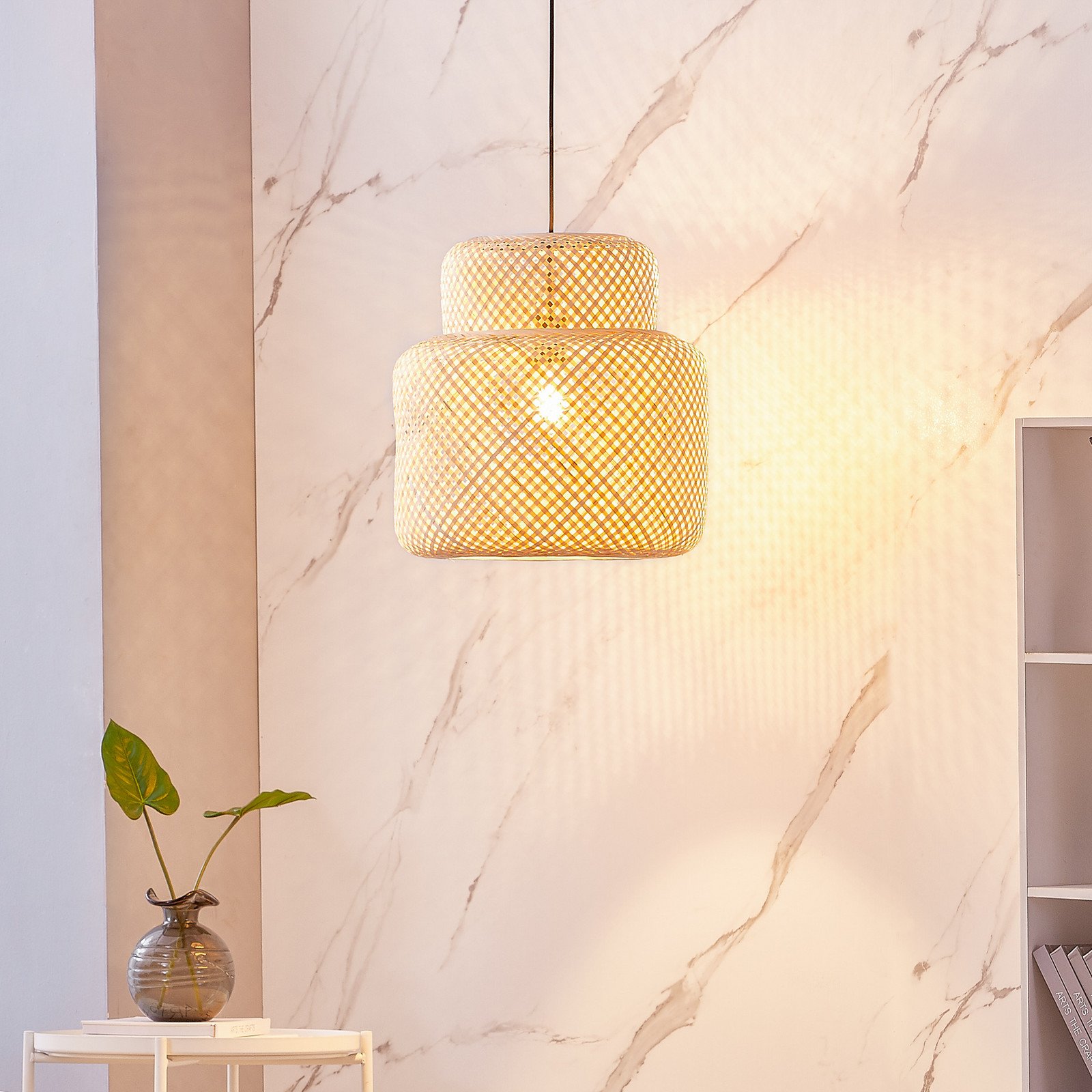 Lindby Venora lampă suspendată Ø 40 cm pe un singur nivel bambus E27 - Camera de zi / sufragerie - Casă de țară / Rustic - lemn deschis negru - Bamboo