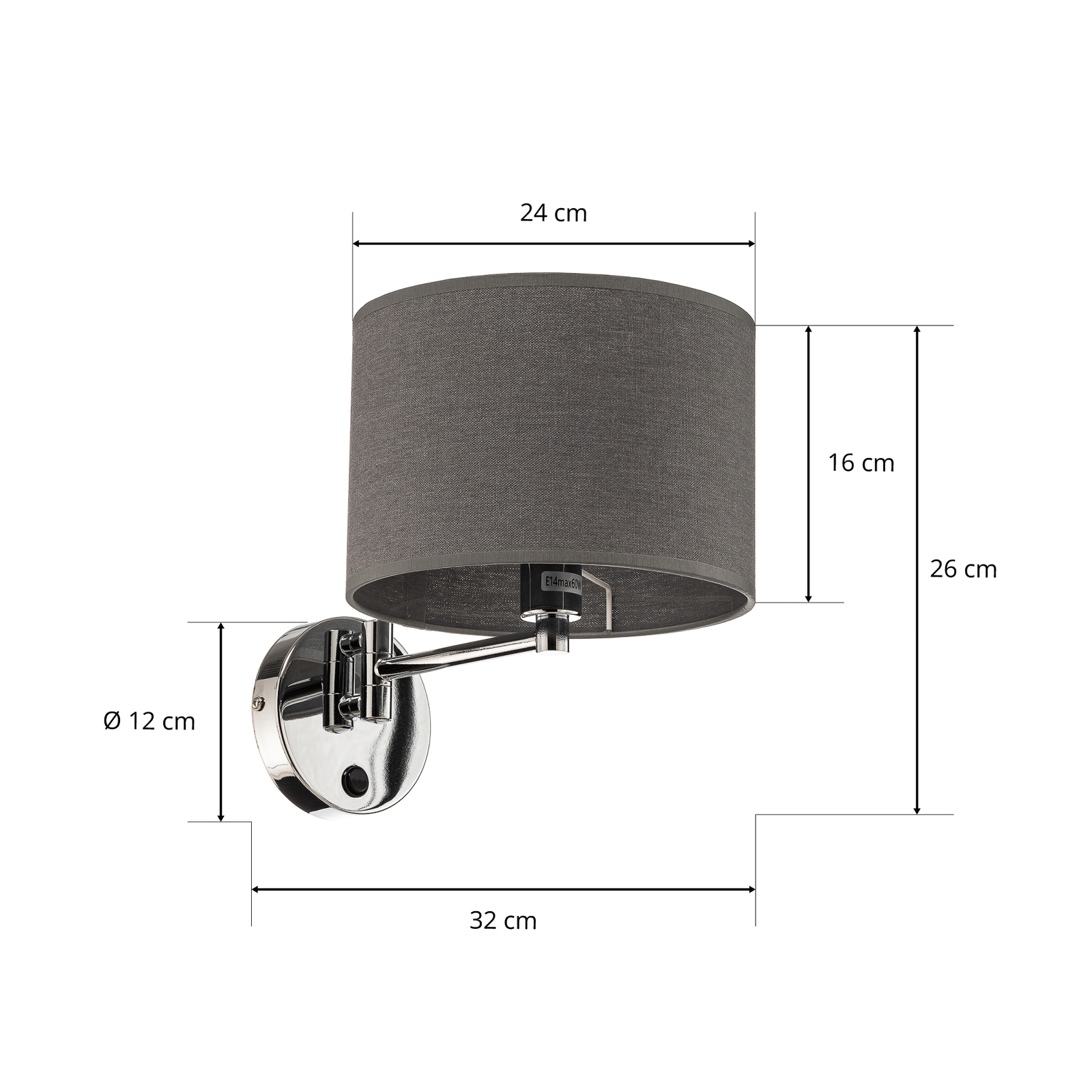 Hotel wall light with switch, swivelling, grey