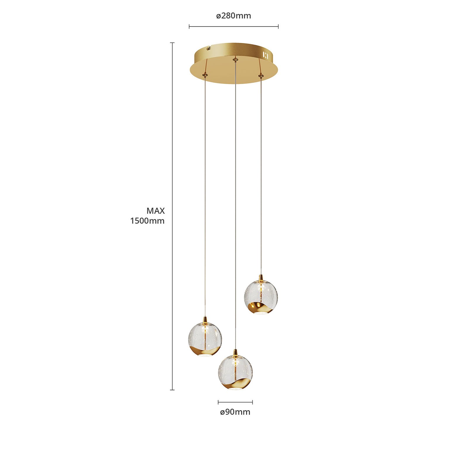 Suspension LED Hayley sphères verre 3 l. doré
